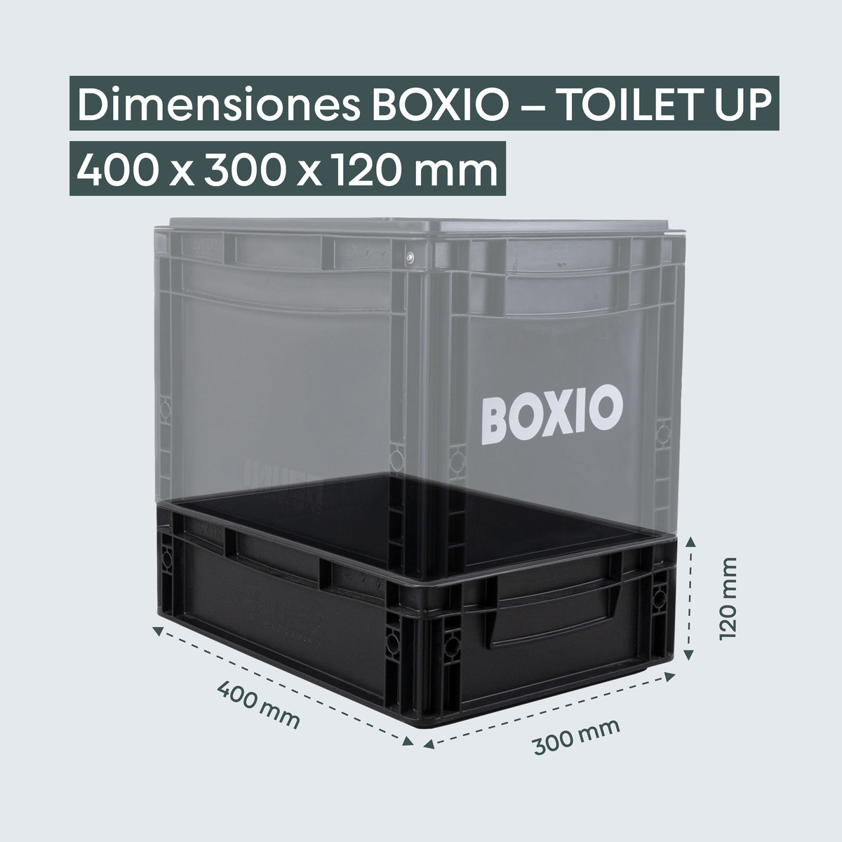Kunststoffbox in schwarz und transparent mit den Abmessungen 400 x 300 x 120 mm und dem Aufdruck "BOXIO".