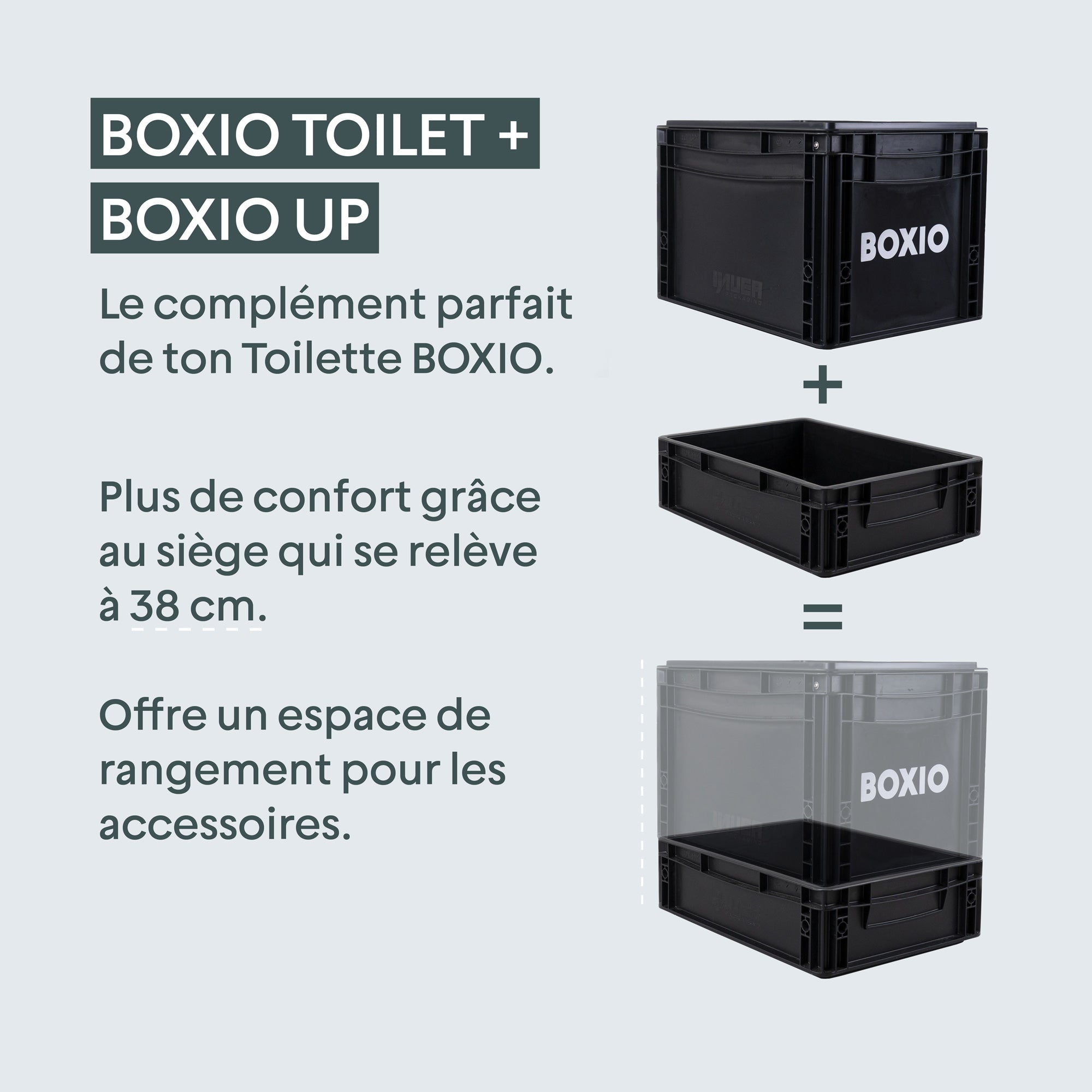BOXIO Toilet und BOXIO Up: modulare Aufbewahrungslösung mit anpassbarem Sitz und zusätzlichem Stauraum.