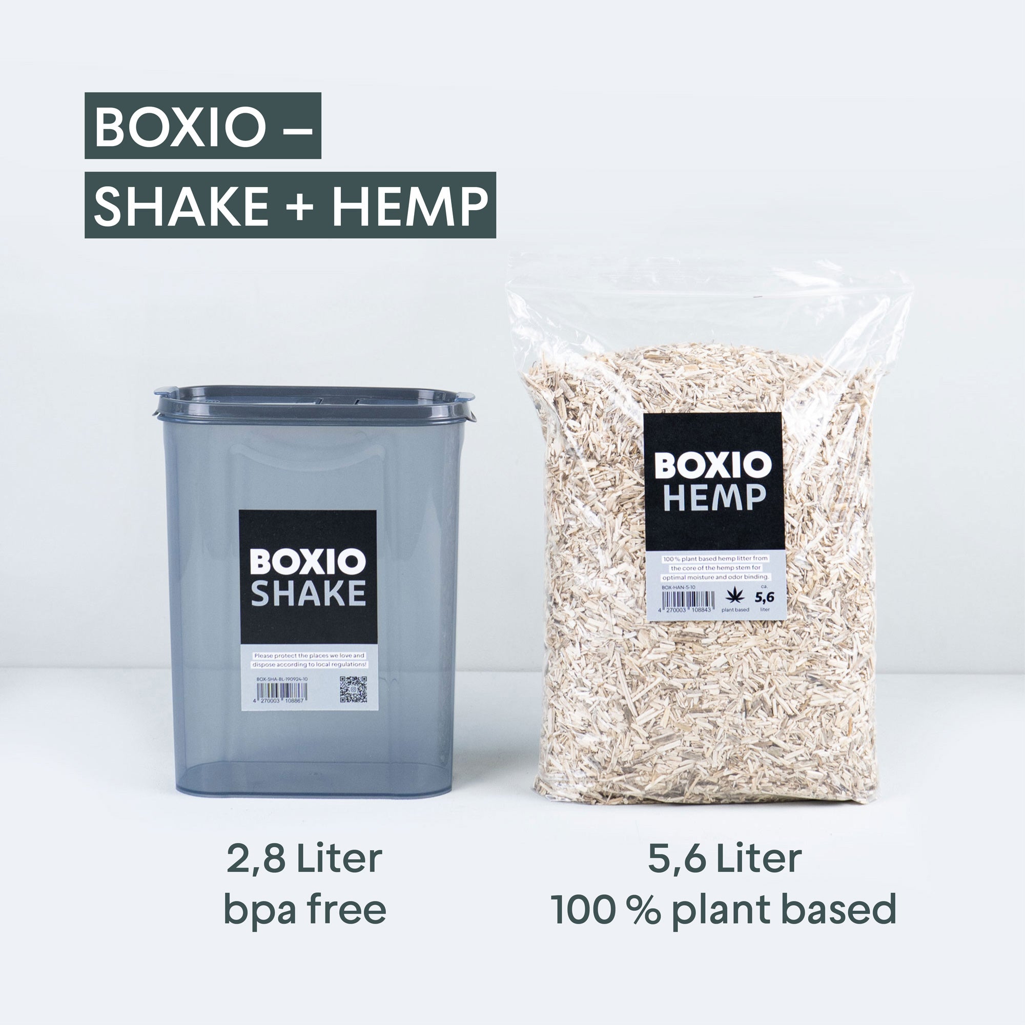 Transparenter Behälter für BIO-Kompost mit Aufschrift „BOXIO SHAKE“ und eine Tüte mit Hanfstreu „BOXIO HEMP“.