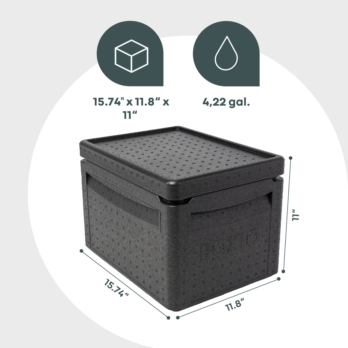 Schwarze Aufbewahrungsbox mit Deckel, Maße 15,74" x 11,8" x 11", Volumen 4,22 Gallonen.