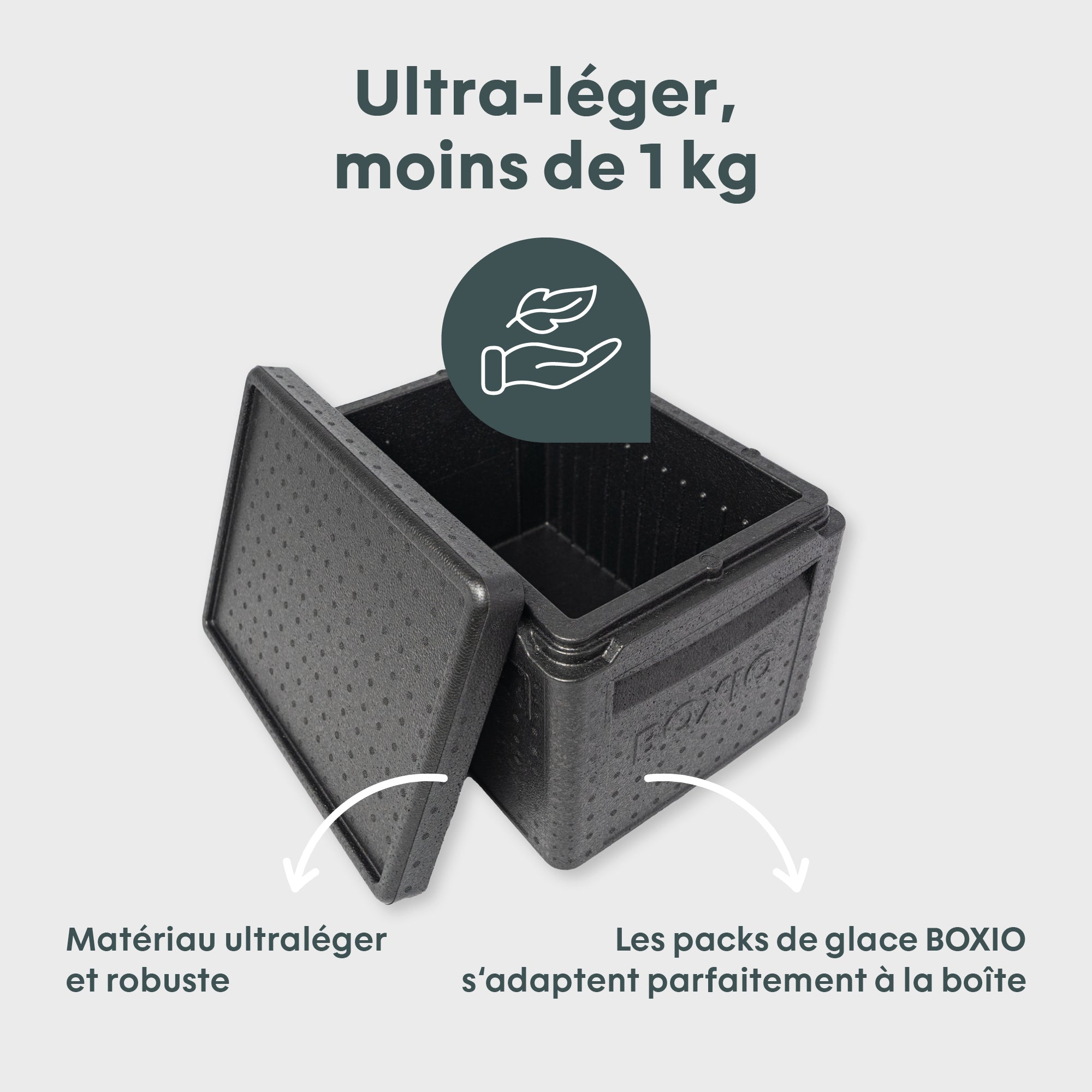 Schwarze, leichtgewichtige Kühbox mit offenem Deckel, geeignet für BOXIO-Kühlelemente. Ideal für transportable Kühllösungen.