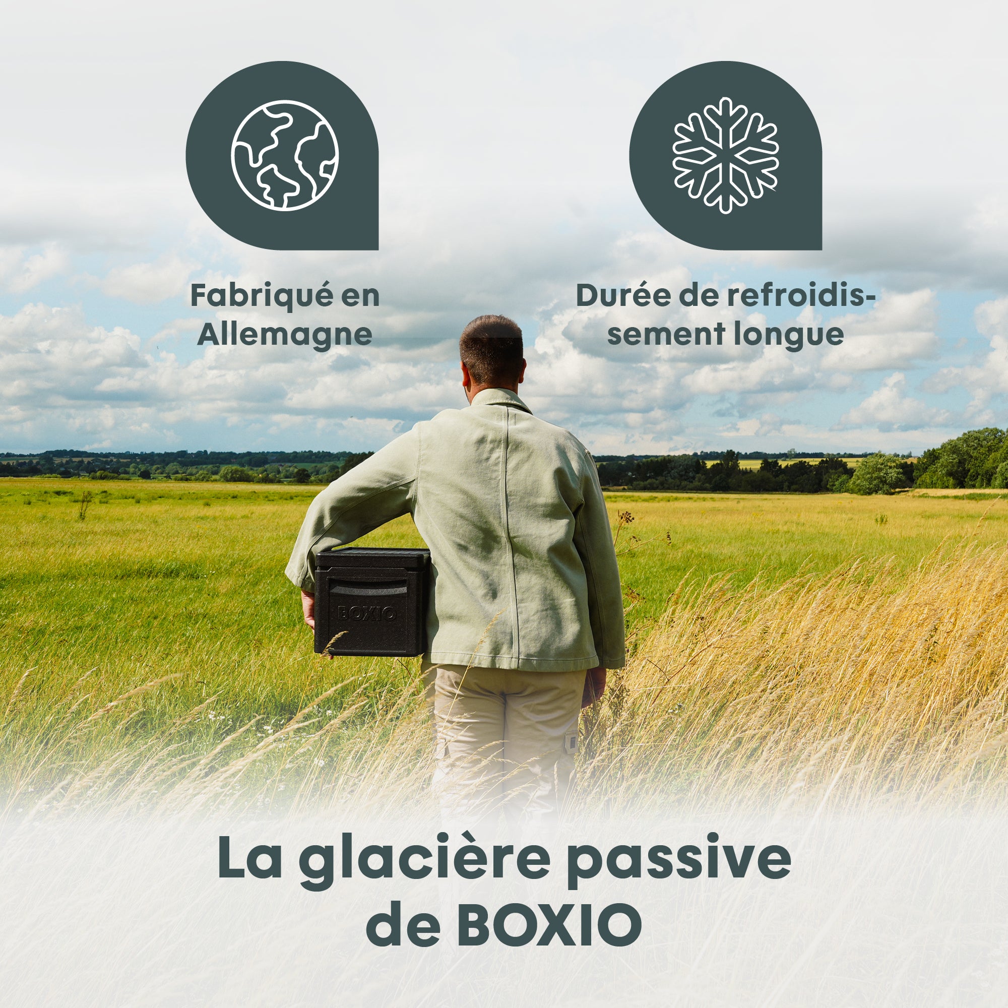 Mann trägt eine schwarze Kühltasche von BOXIO durch eine grüne Wiese unter bewölktem Himmel.