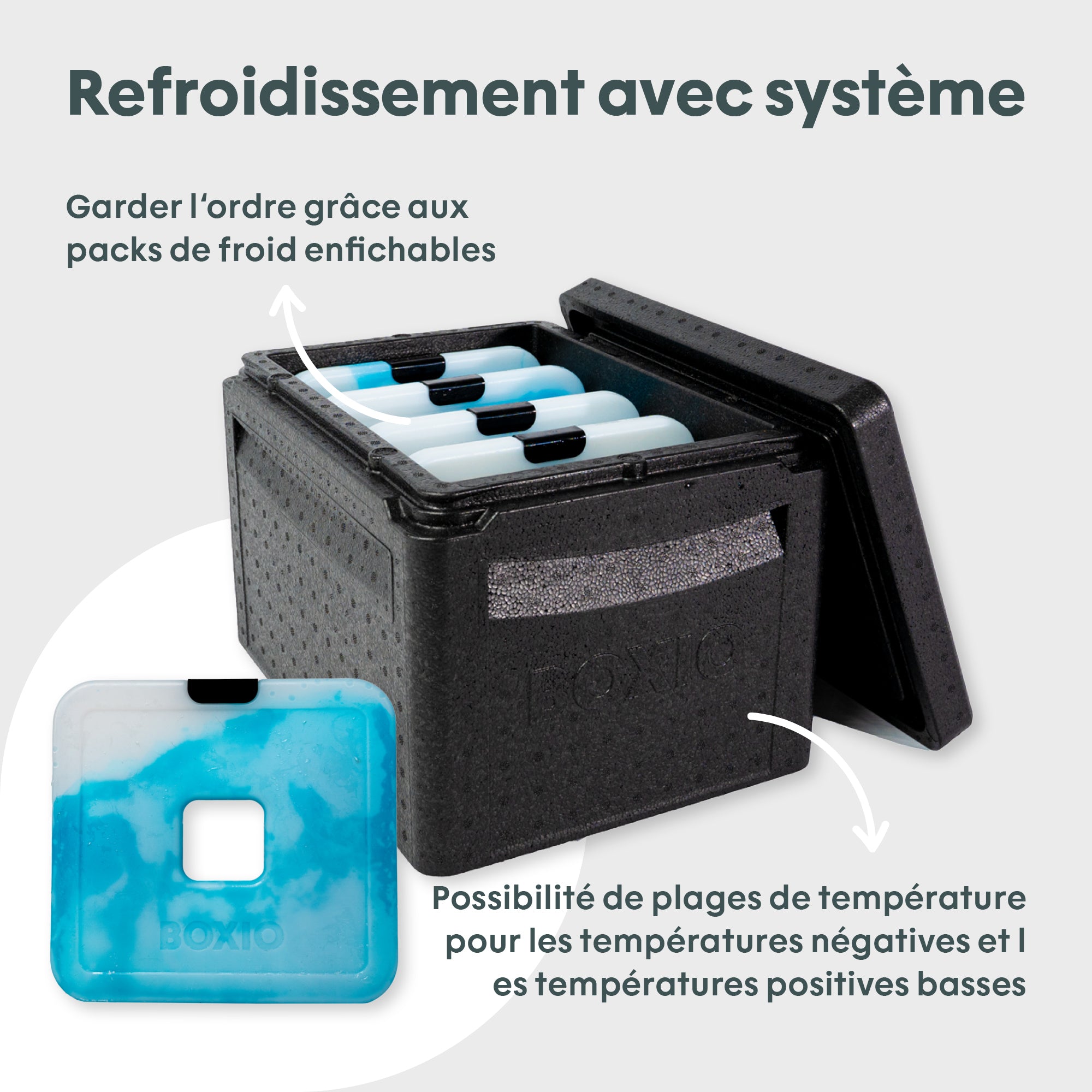 Kühlbox mit mehreren einsetzbaren Kühlakkus und einem blauen Kühlakku als Beispiel, ideal für niedrige Temperaturen.