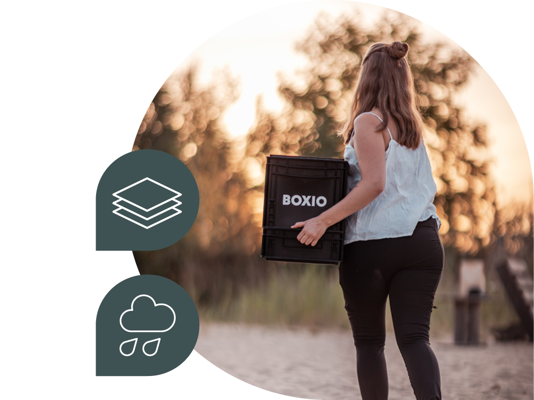 Frau trägt eine schwarze Box mit der Aufschrift "BOXIO" am Strand, umgeben von unscharfen grünen Bäumen.