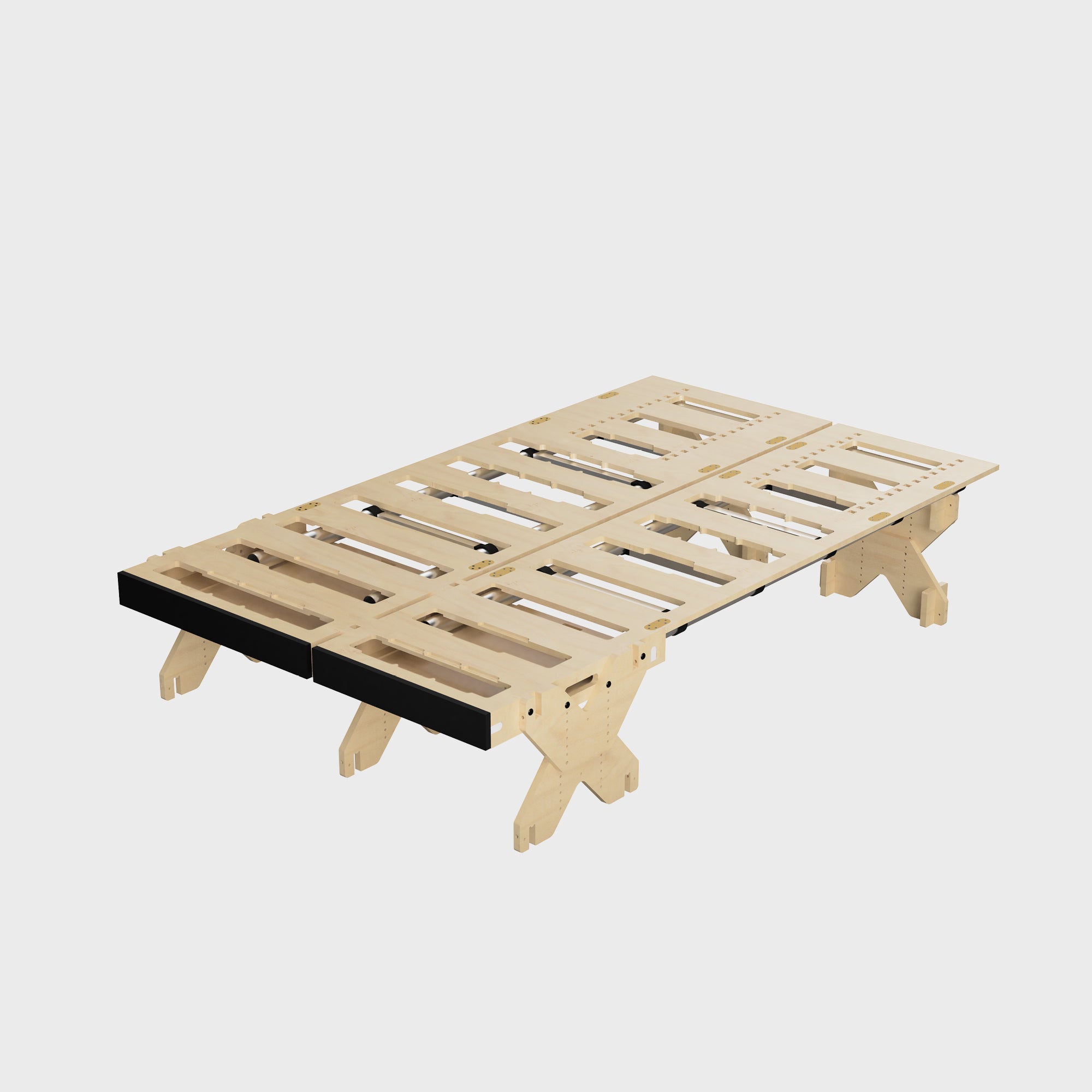Lattenrost aus hellem Holz mit stabilen Füßen, ideal für Matratzen in Schlafräumen.