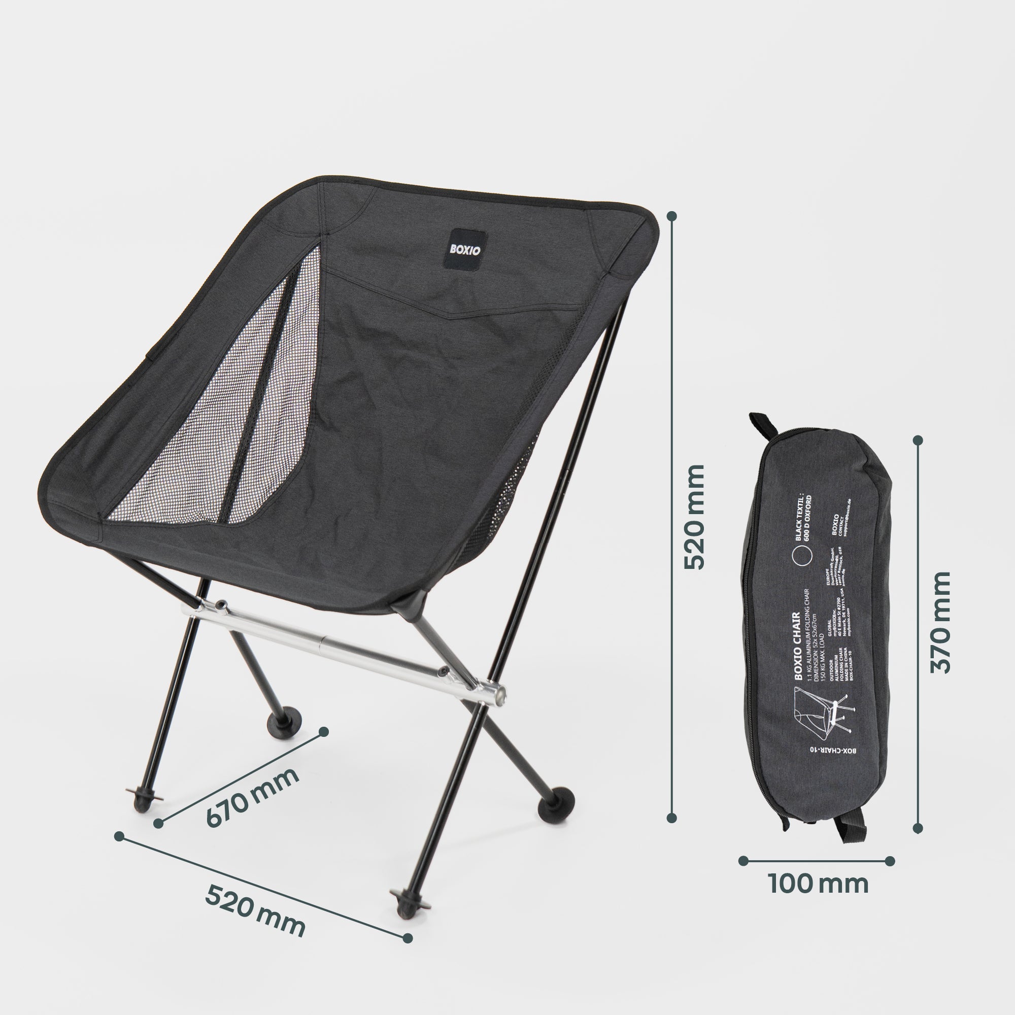 Schwarzer Campingstuhl mit Maßen 670 mm x 520 mm x 520 mm, zusammenlegbar in einer kompakten Tragetasche.