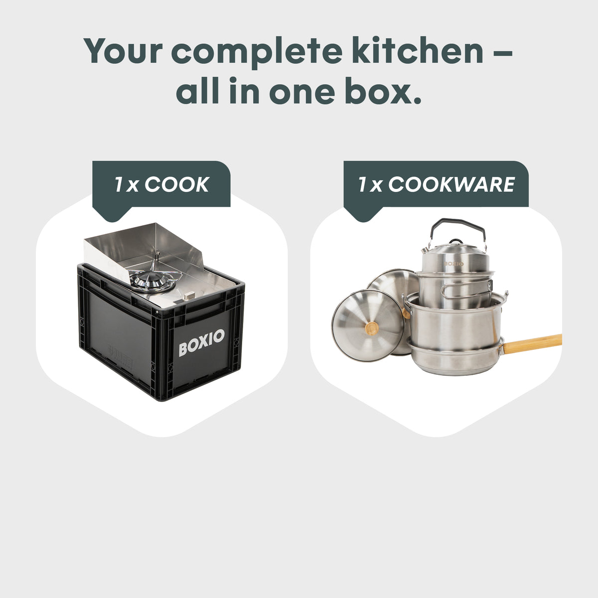Kompakte Kochbox mit einem Kocher und einem Set aus Edelstahlkochtöpfen für eine vollständige Küchenausstattung.