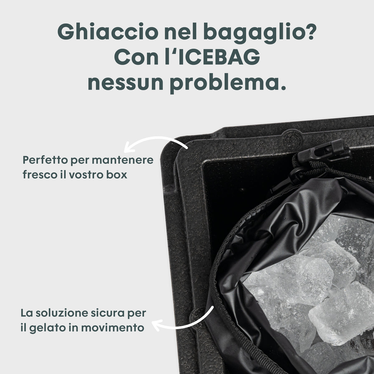 ICEBAG mit Eiswürfeln in einem Behälter, ideal zum Kühlen von Lebensmitteln unterwegs.