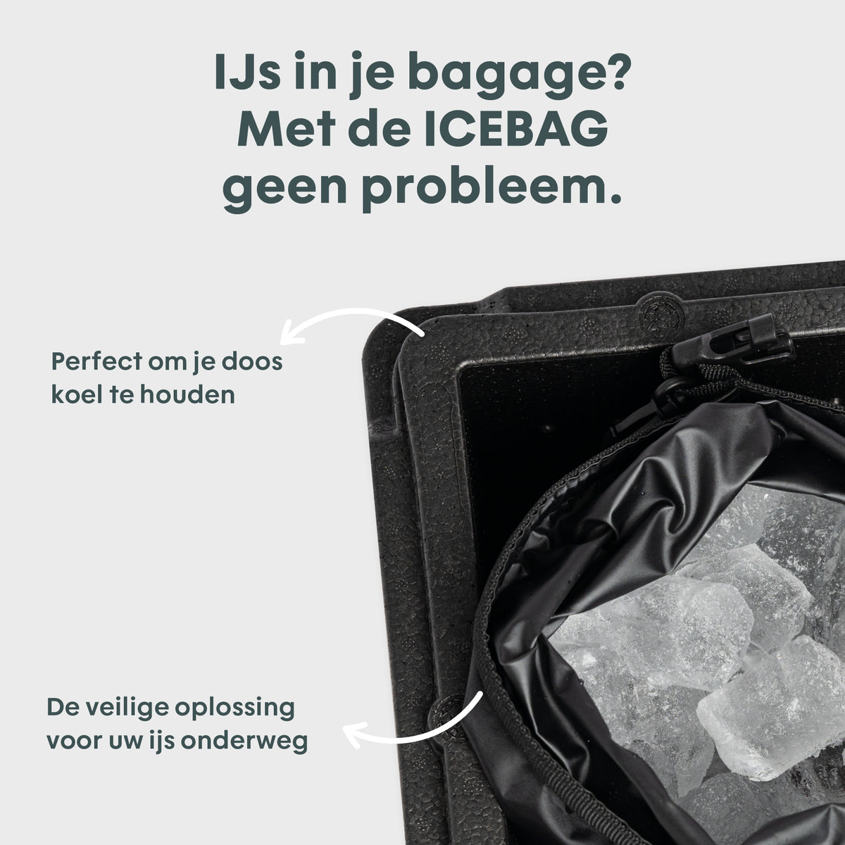 ICEBAG mit Eiswürfeln, ideal für unterwegs, um Speisen kühl zu halten. Praktische Lösung für den Transport von Eis.