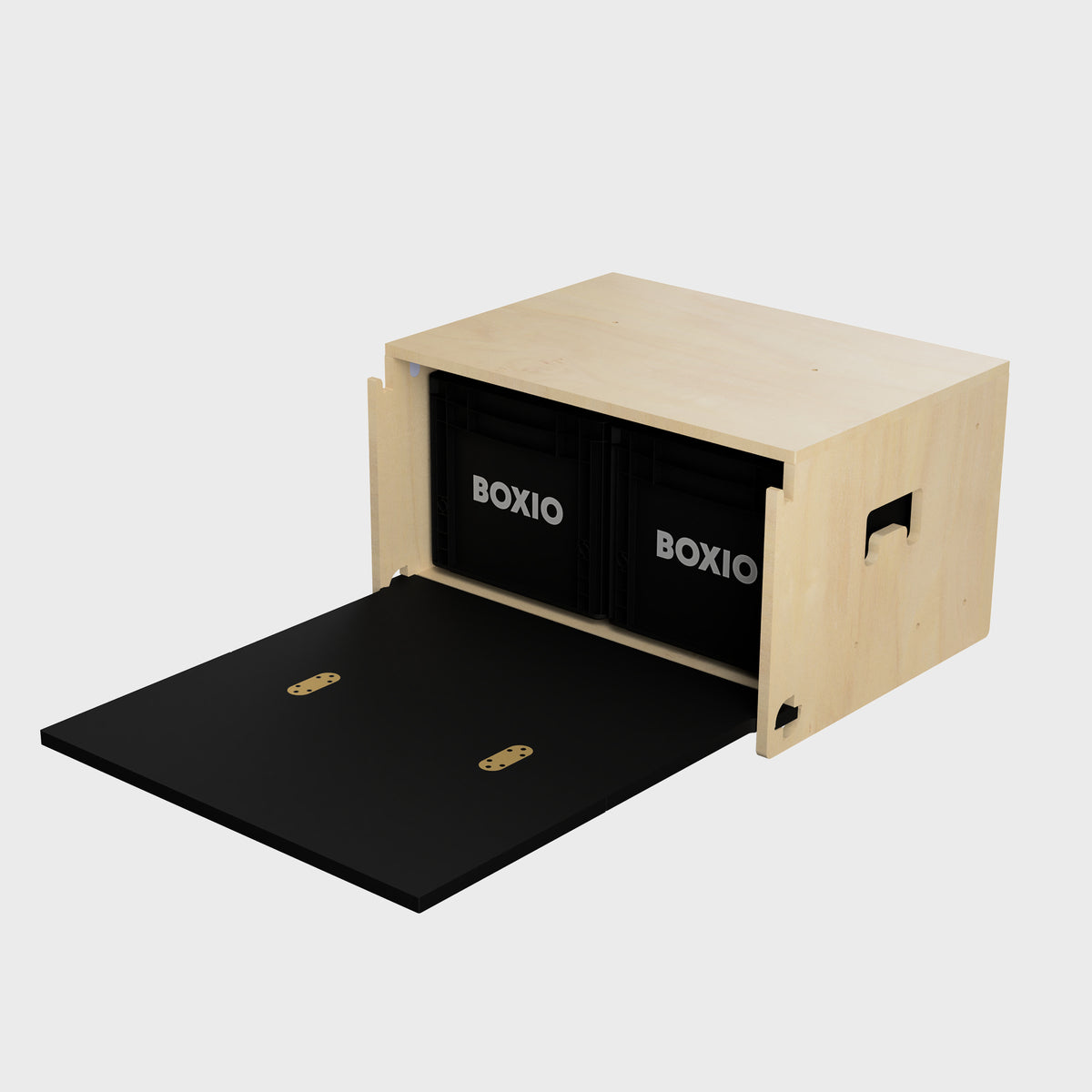Holzschrank mit schwarzer Schublade und zwei schwarzen Boxen von BOXIO, geöffnet und bereit zur Benutzung.