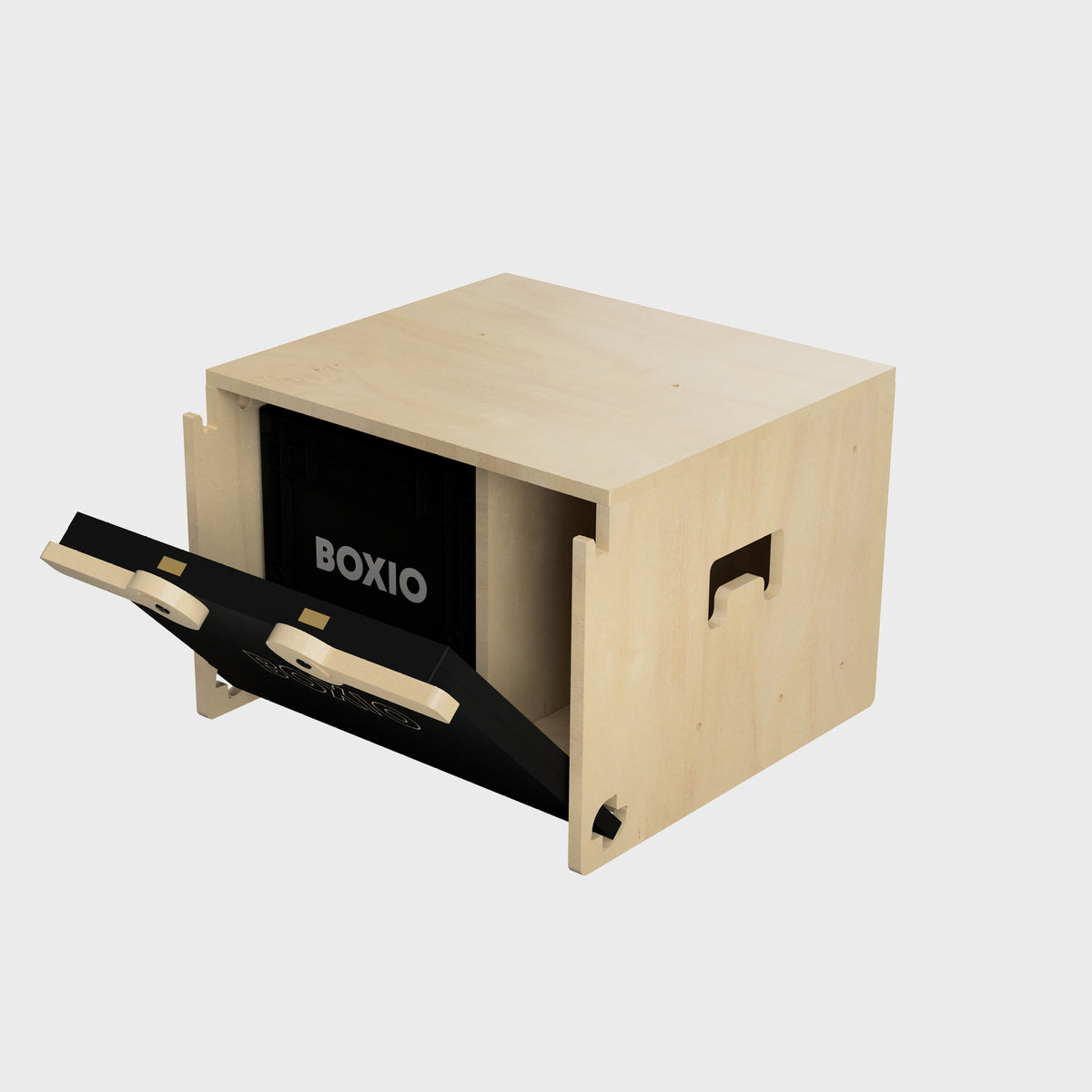 Holzkiste mit herausziehbarem Schubladenelement in schwarzer Farbe. Logo „BOXIO“ sichtbar.