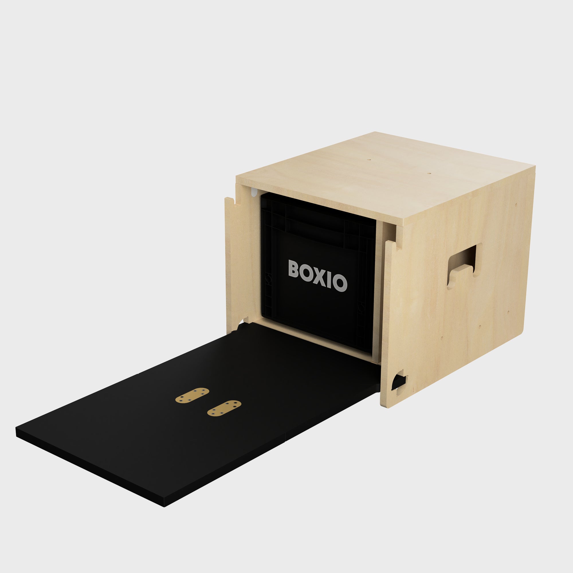 Holzbox mit herausziehbarem Fach und schwarzem Boden, bestückt mit einer schwarzen BOXIO-Box.