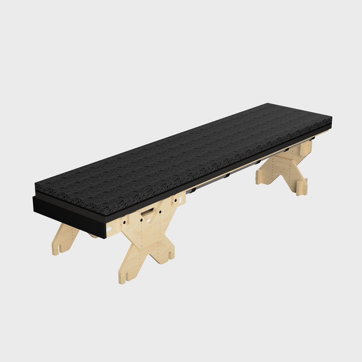 Schwarze Sitzbank mit strukturiertem Polster und stabilen Holzbeinen im modernen Design. Ideal für Innenräume.