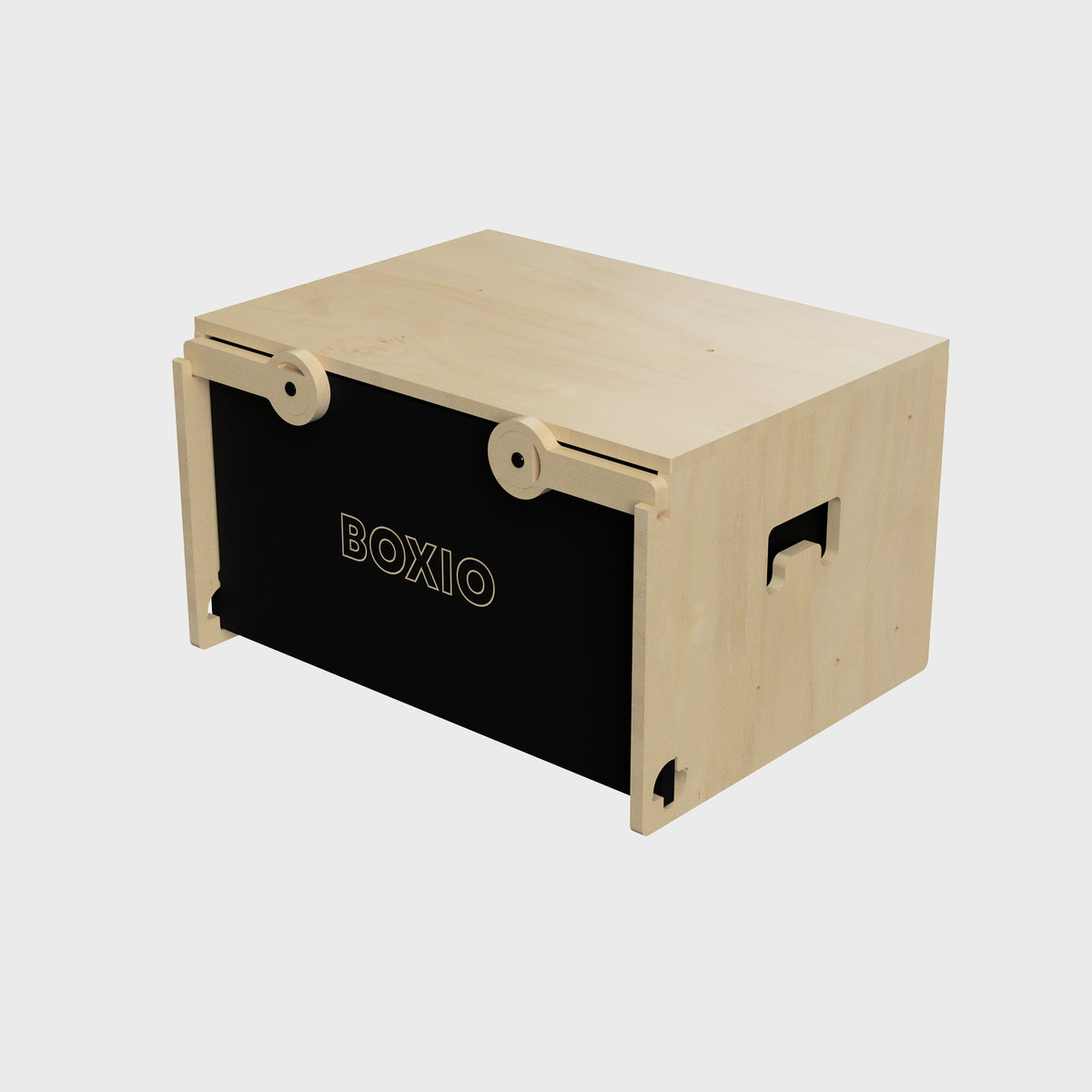 Holzkiste mit schwarzer Schublade und Logo "BOXIO", geeignet für Aufbewahrung und Organisation.