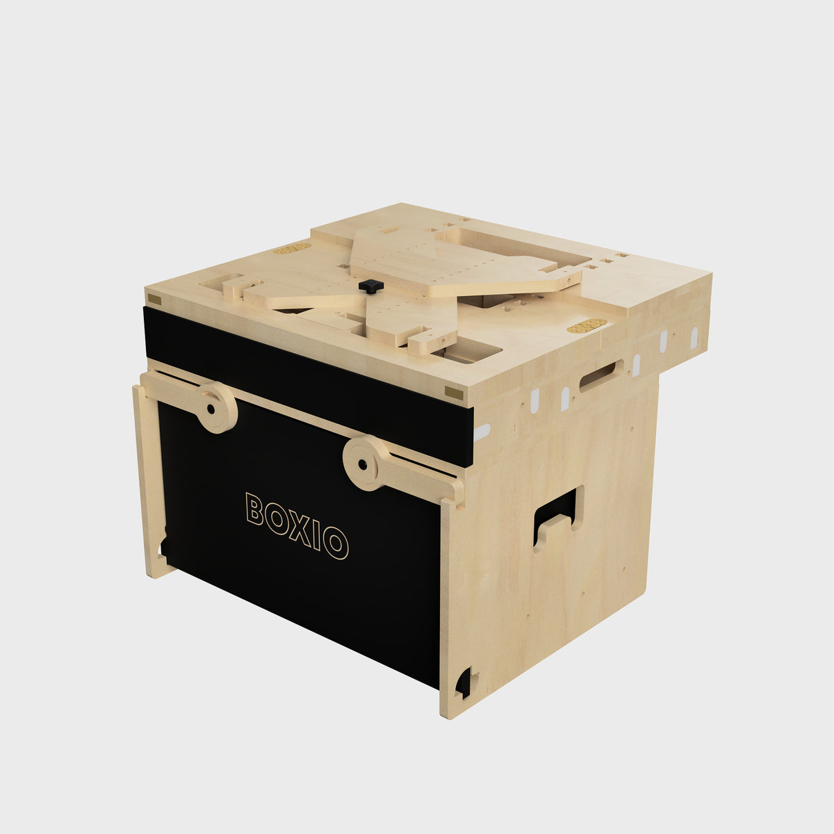 Kreative Aufbewahrungsbox aus Holz mit schwarzem Frontteil und dem Schriftzug "BOXIO". Vielseitig einsetzbar.