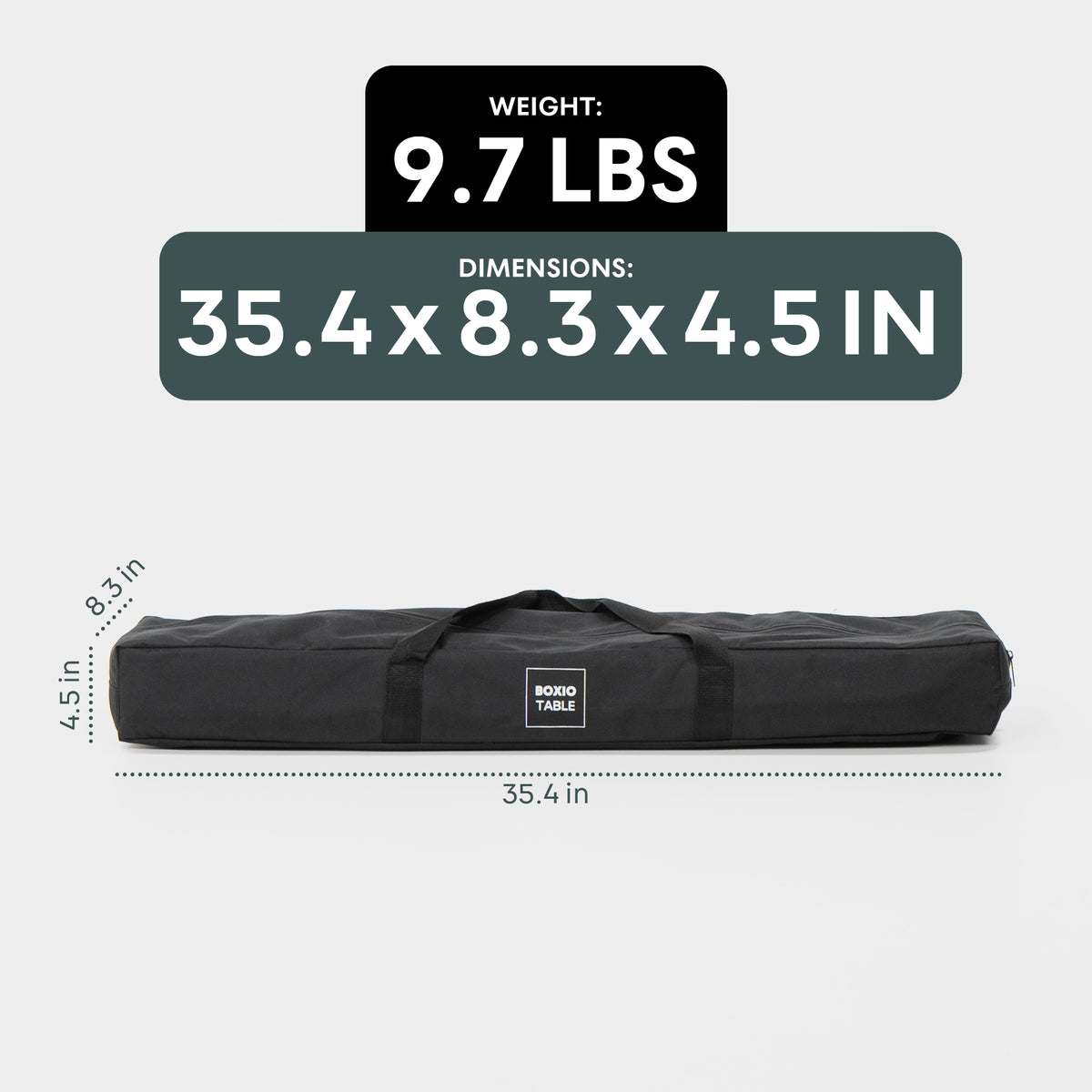 Transporttasche für einen Tisch mit Abmessungen 35,4 x 8,3 x 4,5 Zoll und einem Gewicht von 9,7 lbs.