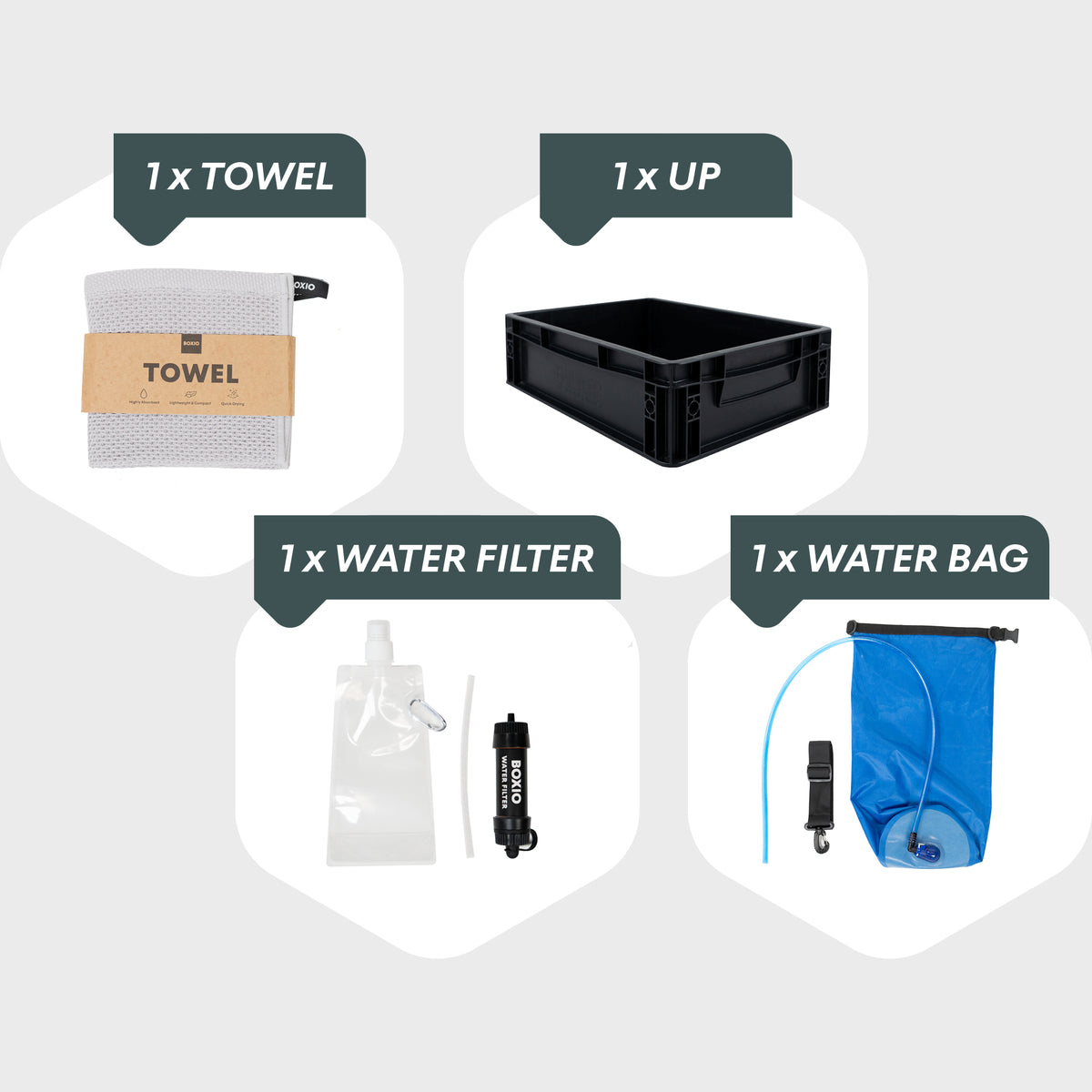 Vier Produkte: ein Handtuch, ein schwarzer Aufbewahrungskasten, ein Wasserfilter und eine blaue Wasserbag.