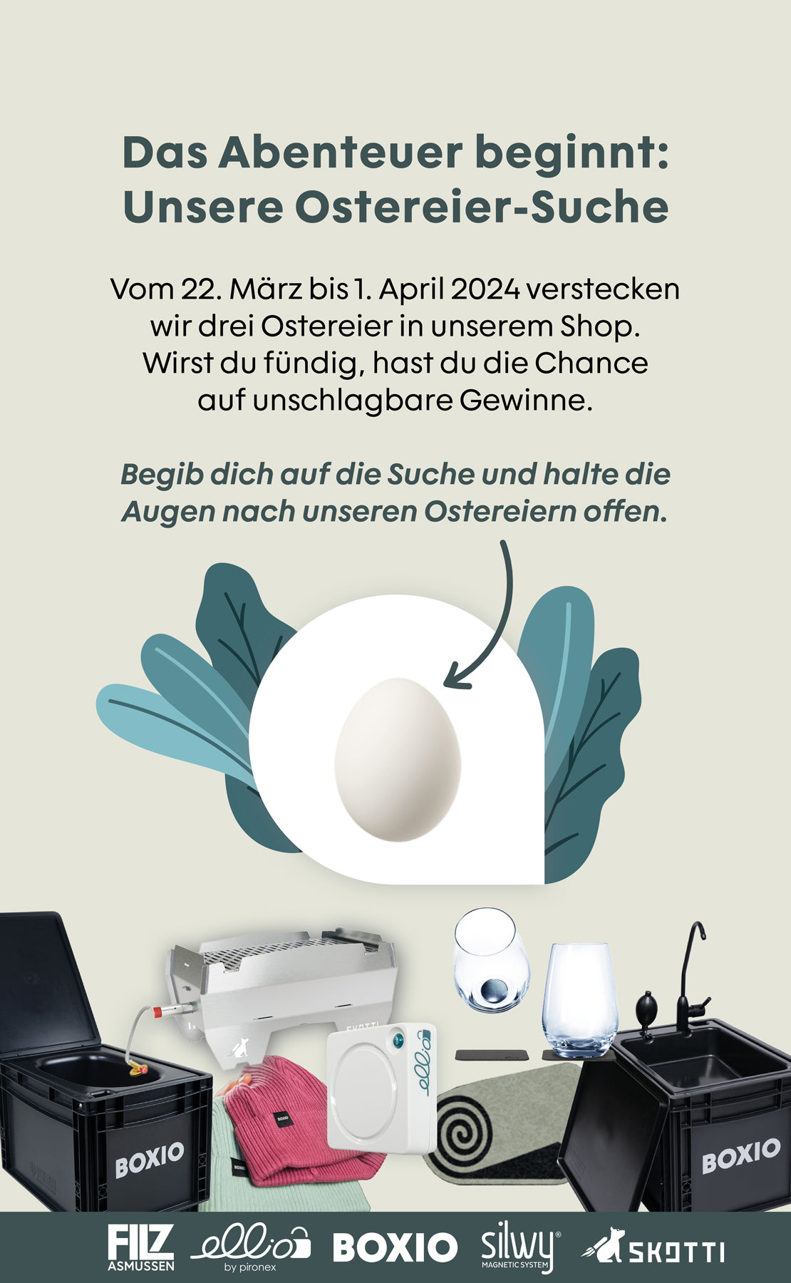 Osteraktion für 2024: Grafik mit Informationen zur Ostereier-Suche und Produkten von FILZ, BOXIO, Silwy und Skotti.