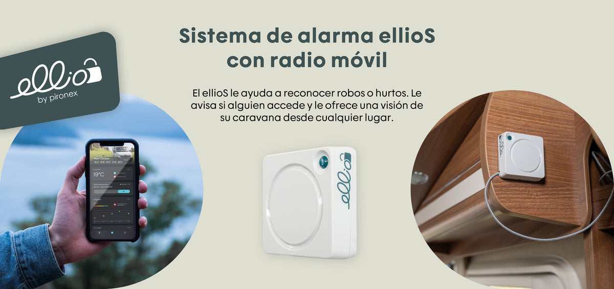 Smartphone in Hand zeigt die App eines mobilen Alarm-Systems für Wohnmobile. Im Hintergrund ist der Alarm-Sensor sichtbar.