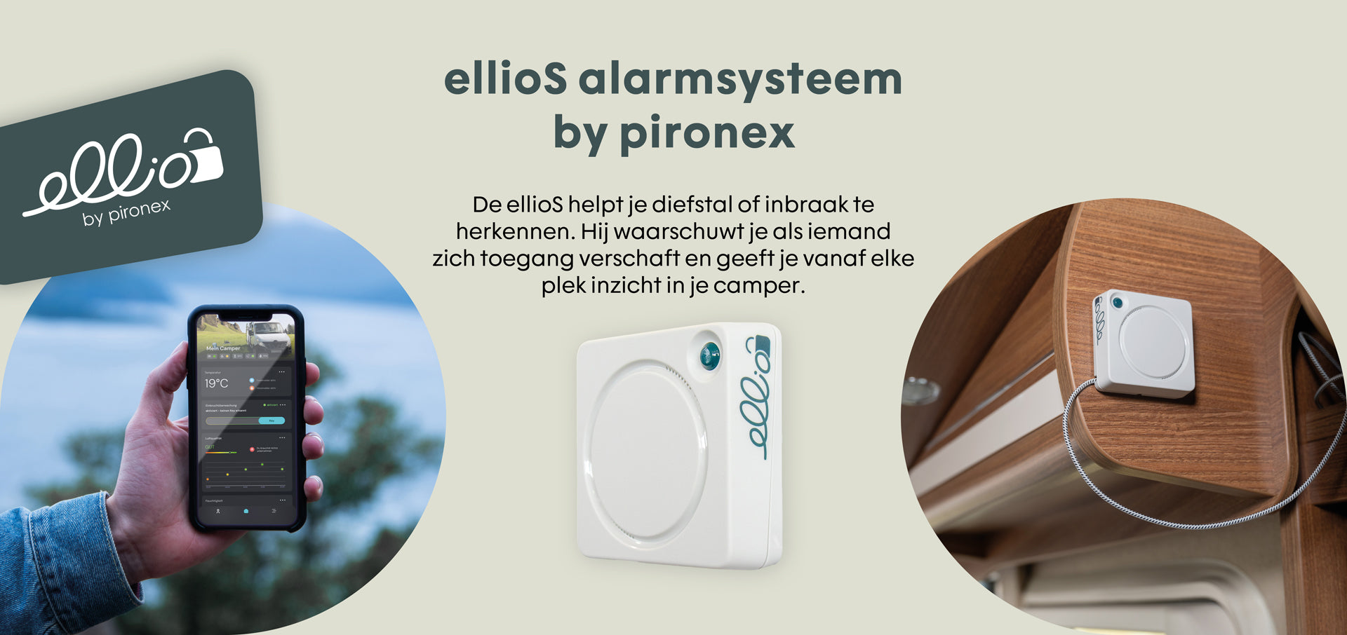 Hand, die ein Smartphone hält, zeigt die ellioS Alarm-App, neben einem montierten Alarmgerät in einem Wohnmobil.