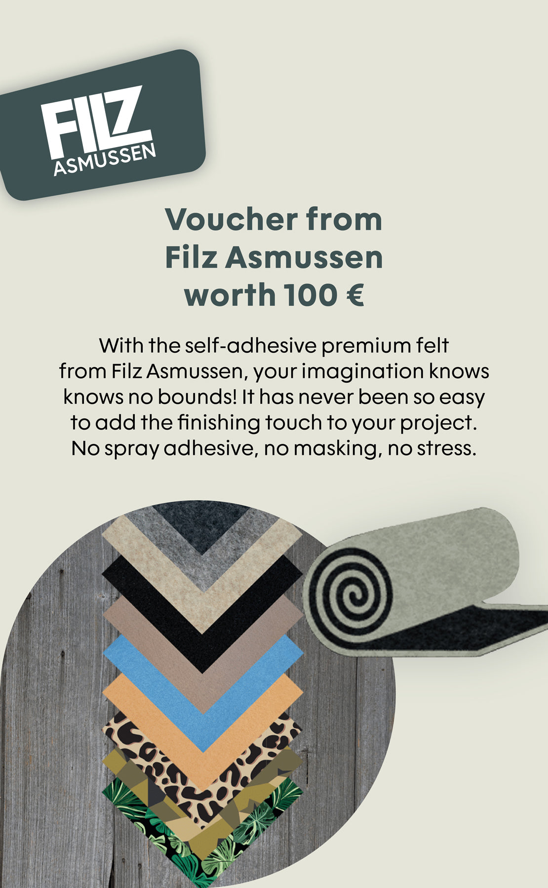 Vorteilsangebot: 100 € Gutschein für selbstklebenden Premiumfilz in verschiedenen Farben und Mustern von Filz Asmussen.