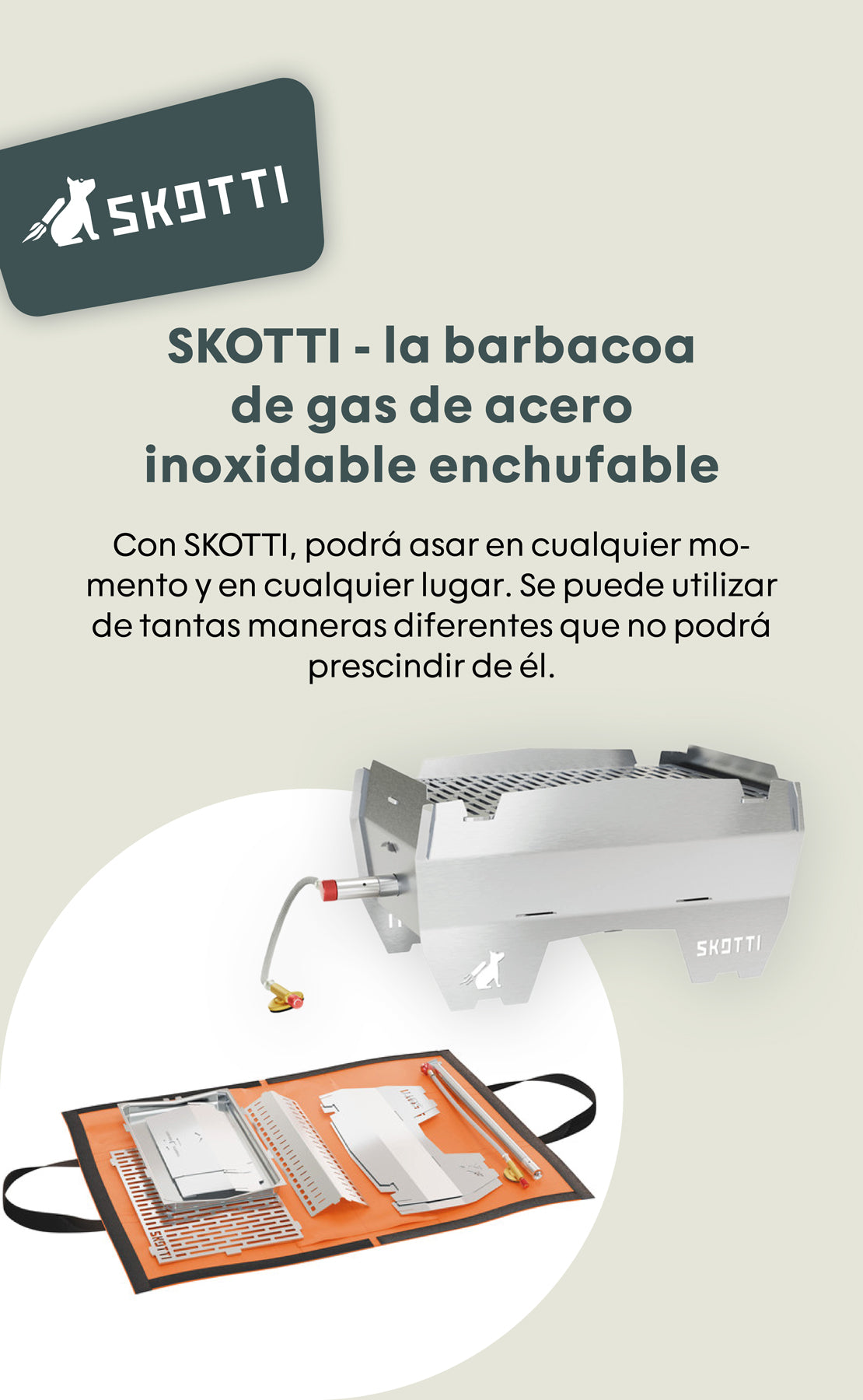 SKOTTI Gas-Grill aus rostfreiem Stahl mit Zubehör auf einer orangefarbenen Unterlage, ideal für vielseitiges Grillen.