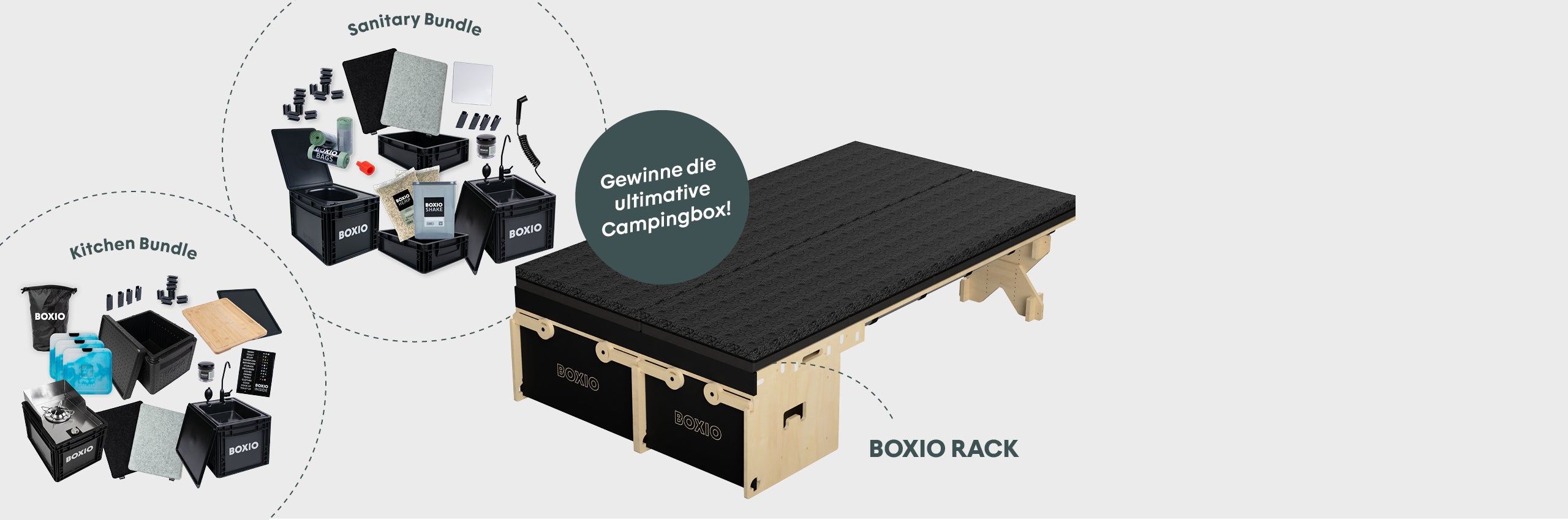 BOXIO Rack mit Zubehör für Camping, darunter Küchen- und Sanitär-Bundles. Gewinnspiel für die ultimative Campingbox.