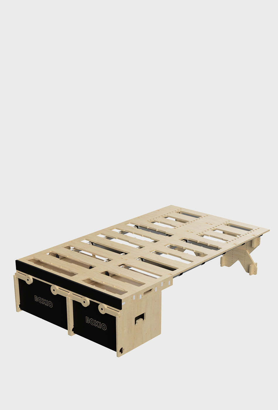 Minimalistischer Holzbettrahmen mit zwei schwarzen Schubladen von BOXIO, ideal für moderne Schlafzimmer.