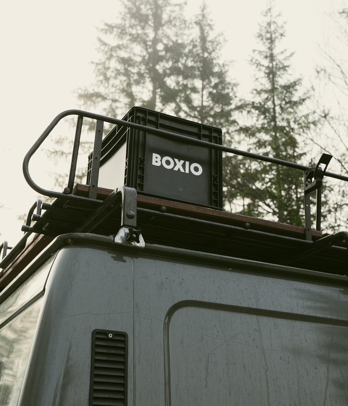 Schwarze Transportbox mit der Aufschrift "BOXIO" auf dem Dach eines Vans, umgeben von hohen, grünen Bäumen.