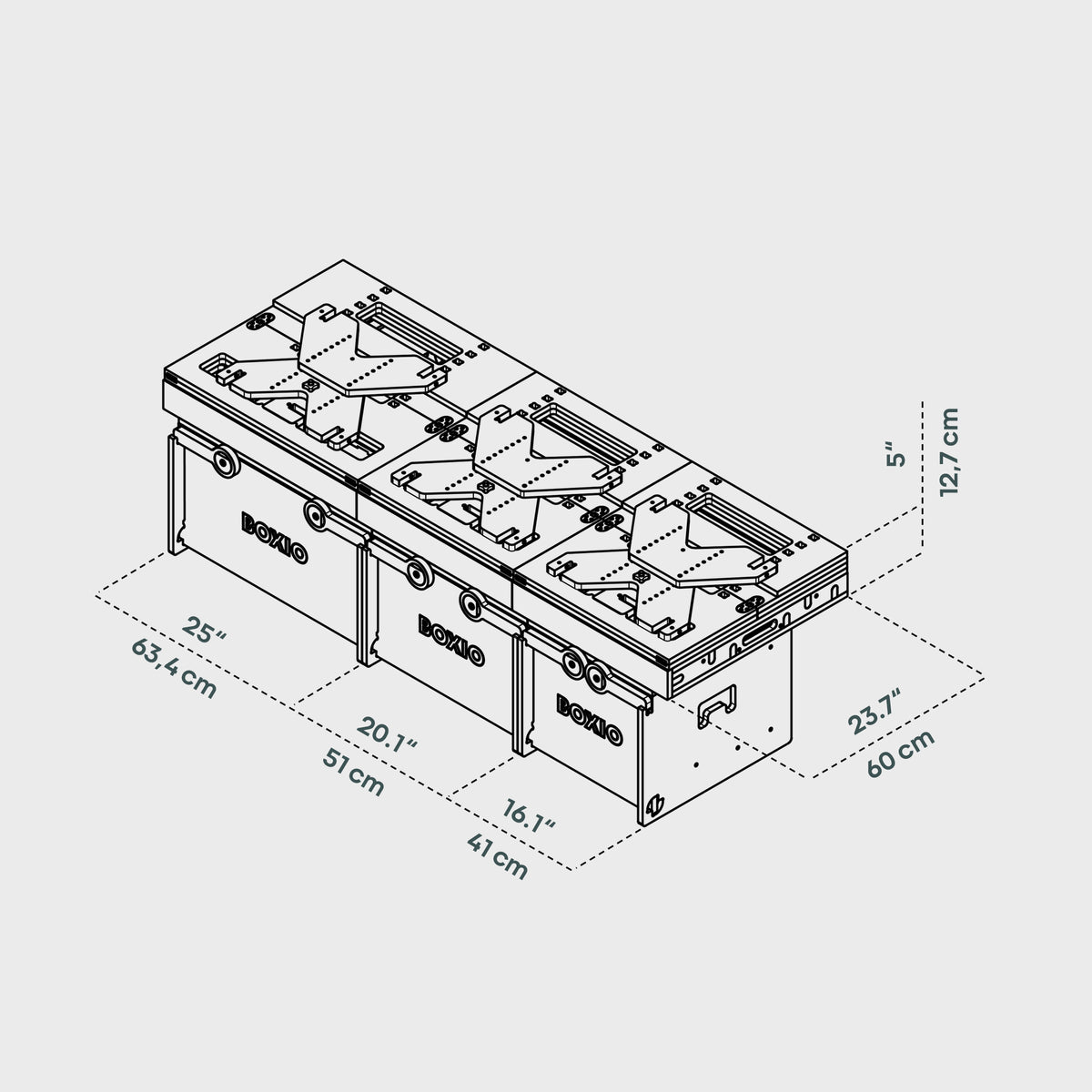 Technische Zeichnung eines modularen Boxio-Möbels mit Abmessungen und Aufbau.