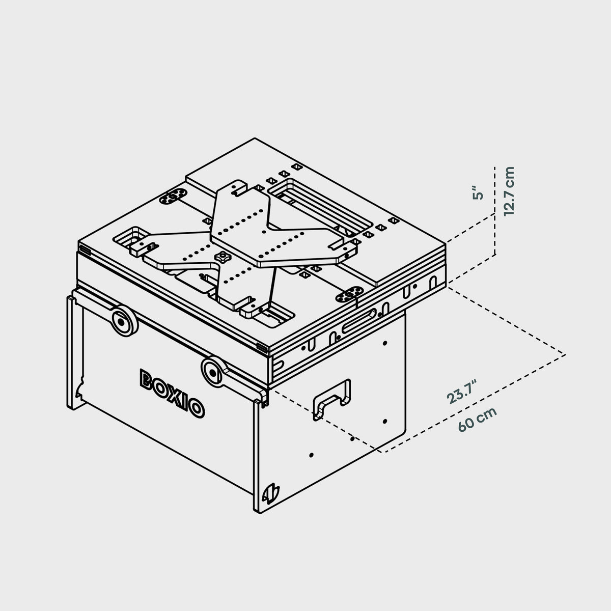 Technische Zeichnung einer BOXIO-Box mit den Abmessungen 60 cm x 12,7 cm und Details zur Befestigung.