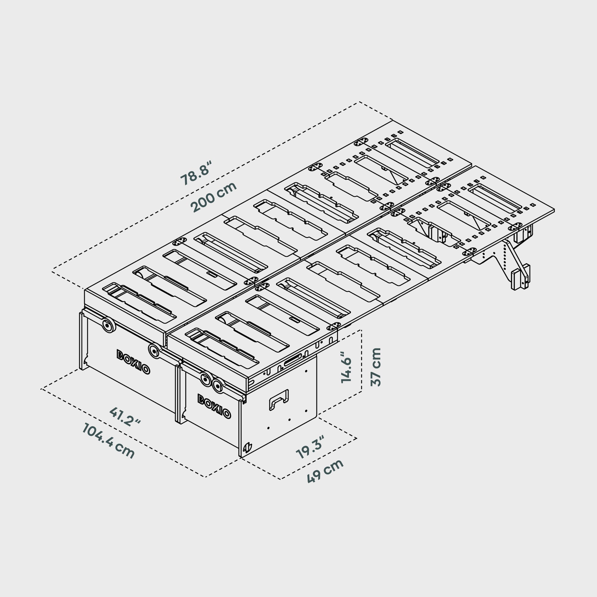 Technische Zeichnung eines modularen Arbeitstisches mit Abmessungen und Fächern für Werkzeuge.