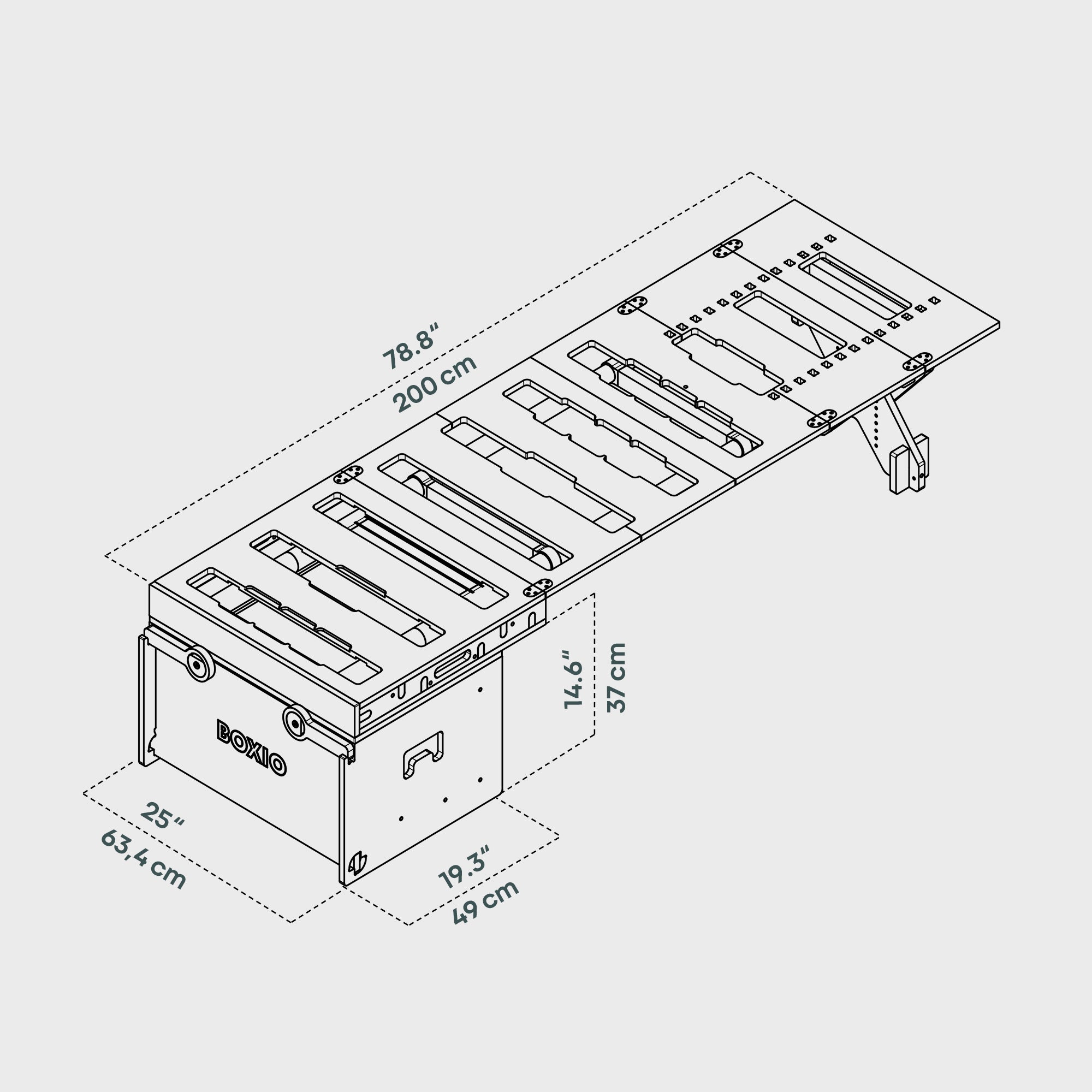 Technische Zeichnung eines modularen Regalsystems mit Maßen und verschiedenen Aufbewahrungsmöglichkeiten.