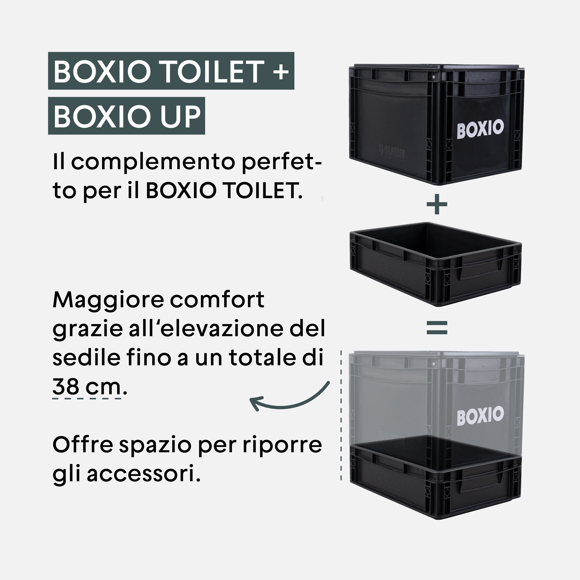 Zusammenbau der BOXIO Toilet und BOXIO Up für mehr Komfort, mit einem Sitz von 38 cm Höhe und Stauraum für Zubehör.