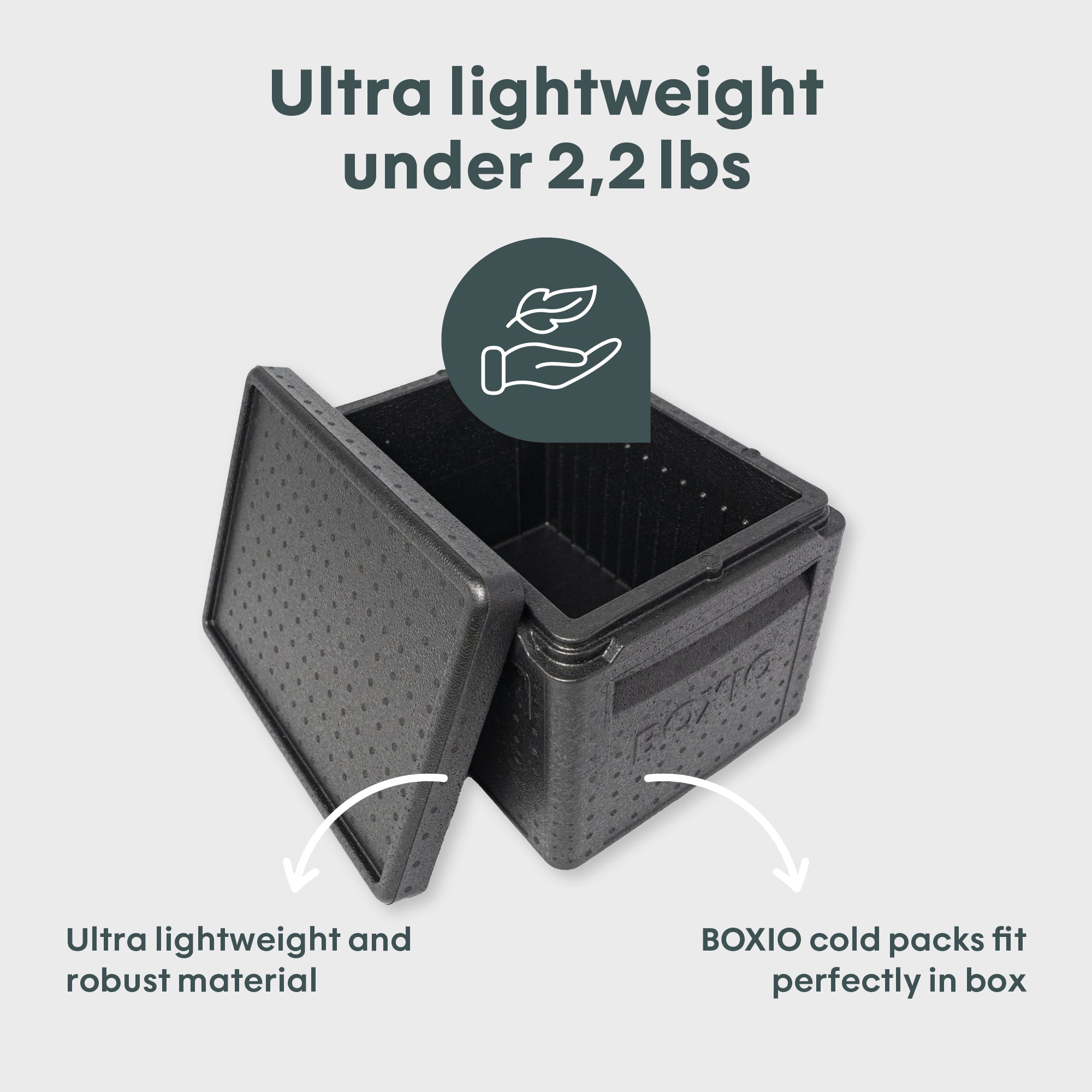 Schwarze, leichte Box mit offenem Deckel, geeignet für BOXIO Kühlpacks, aus robustem Material gefertigt.