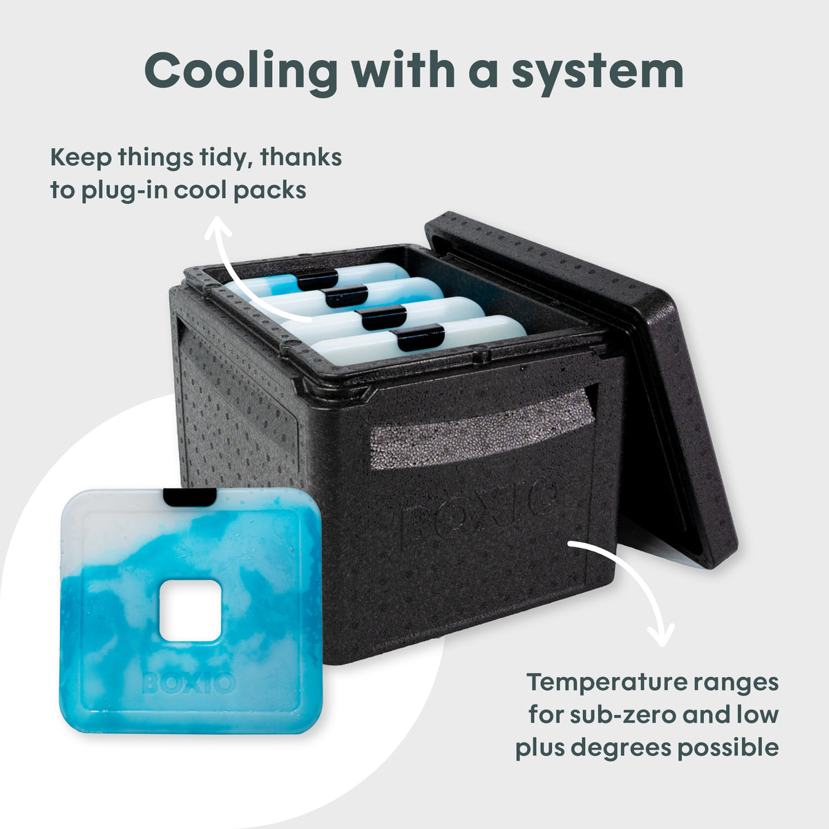 Schwarzer Kühlbehälter mit blauen Kühlpacks und Informationen zu Temperaturbereichen für optimale Kühlung.