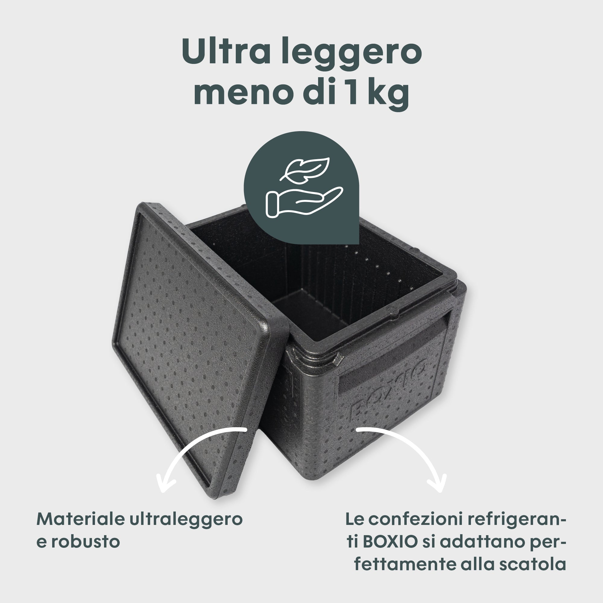 Schwarze, robuste, leichte Box mit Deckel, ideal für die Lagerung von Kühlpacks.