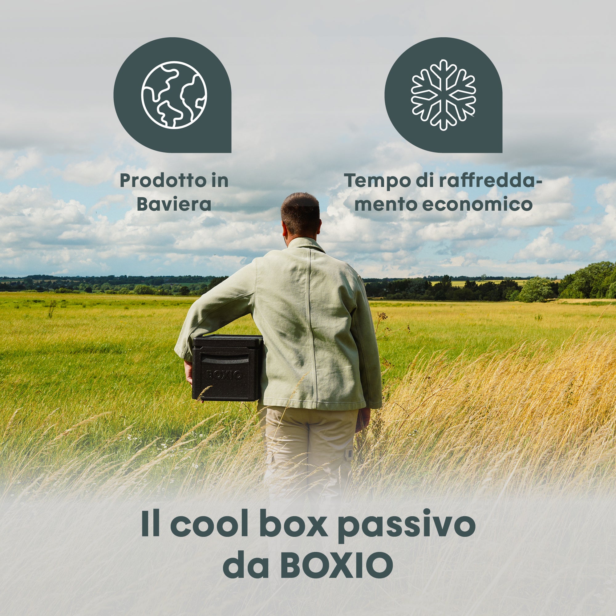 Mann trägt eine Box in einem weitläufigen, grünen Feld unter bewölktem Himmel. Hinweise zu Herkunft und Kühltechnologie.