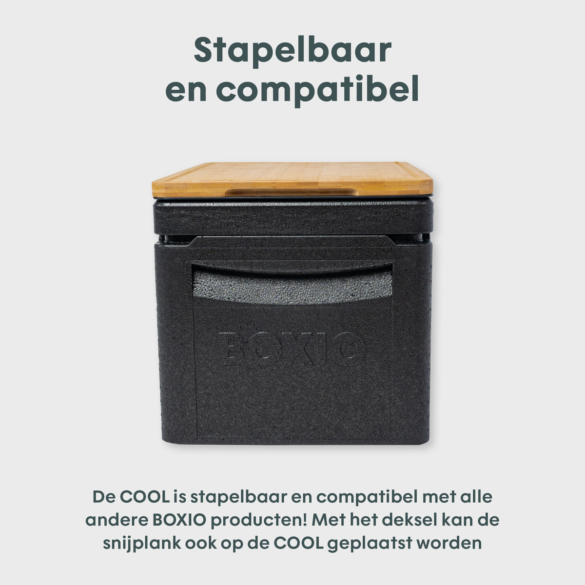 Schwarze Aufbewahrungsbox mit Holzdeckel, stapelbar und kompatibel mit BOXIO Produkten.