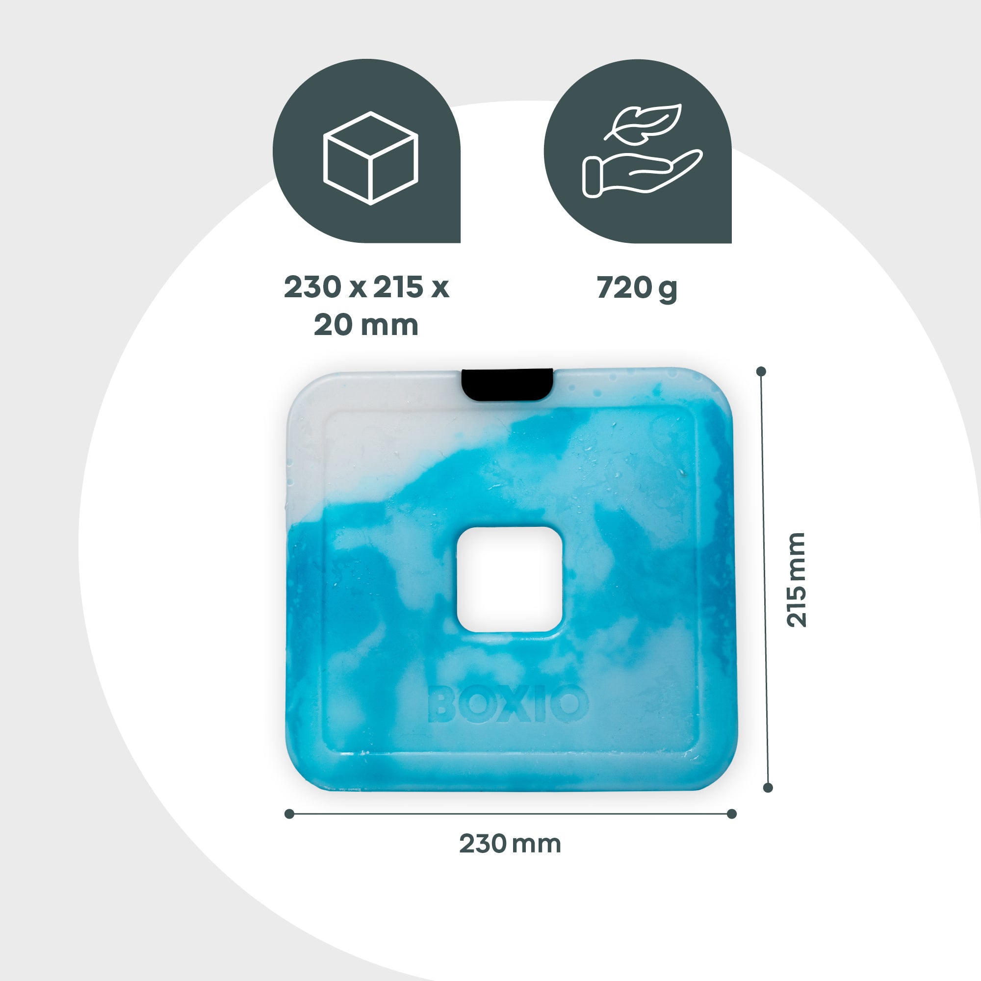 Eckige silikonförmige Box in blau-weißer Farbe mit Maßangaben und Logo „BOXITO“.