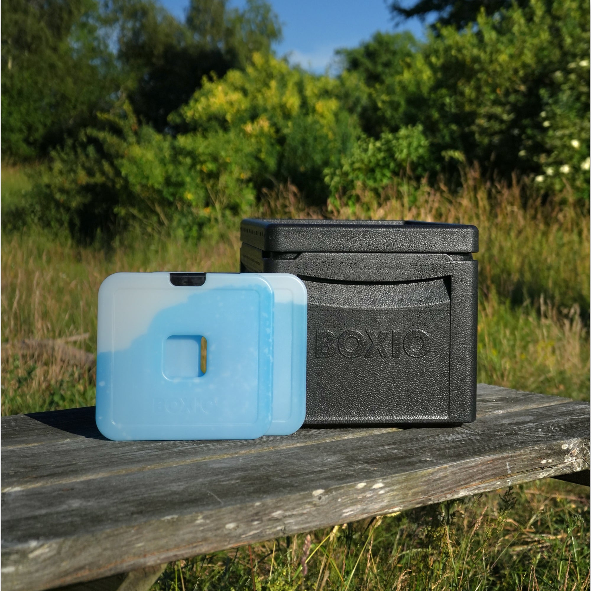 Schwarze Box und eine blaue, transparente Aufbewahrungsbox auf einem Holztisch in einer natürlichen Umgebung mit viel Grün.