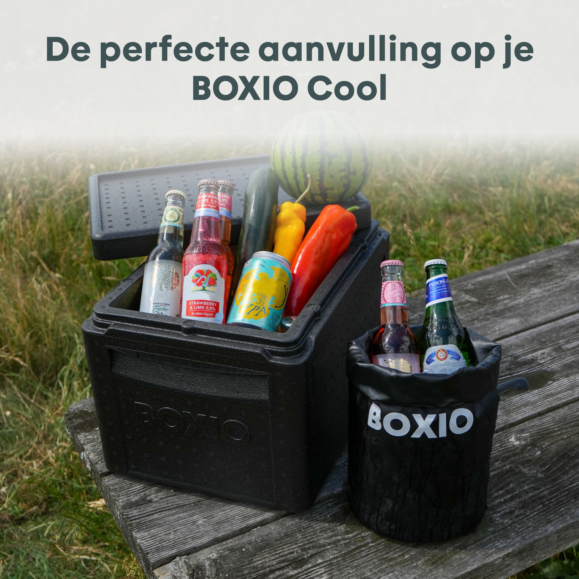 Schwarze Kühltasche von BOXIO mit Getränken und Gemüse, neben einer Holzbank im Freien, auf grünem Gras.