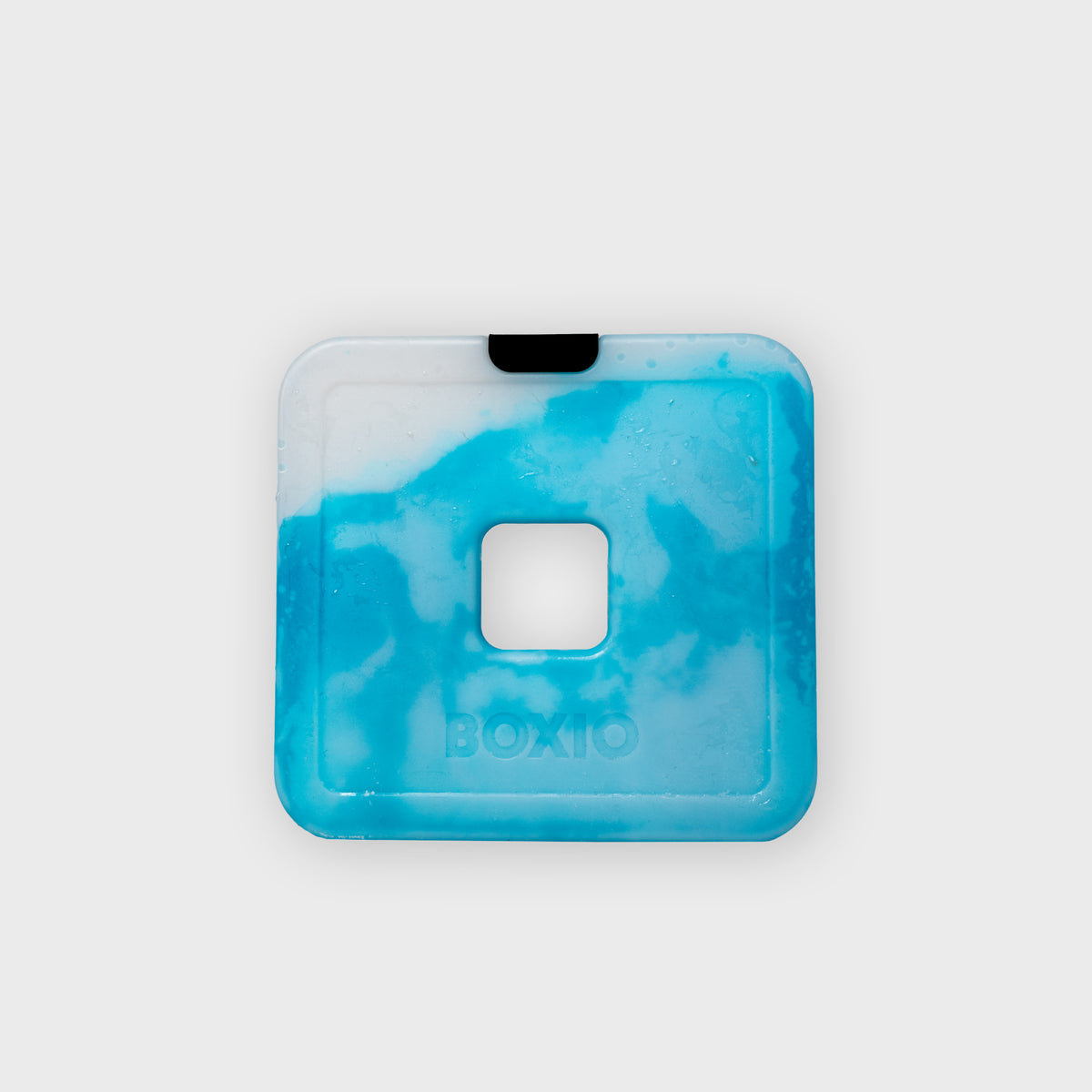 Transparente Aufbewahrungsbox mit blauem Wellenmuster und quadratischer Öffnung in der Mitte, beschriftet mit "BOXITO".