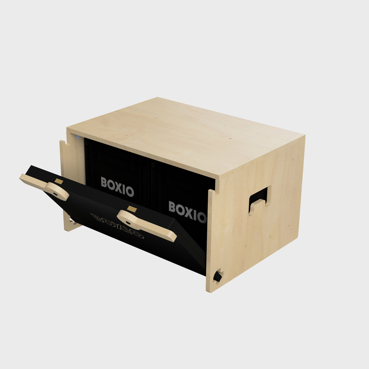 Holzkiste mit herausziehbarem schwarzen Fach, das die Aufschrift „BOXIO“ trägt. Ideal für Aufbewahrungslösungen.
