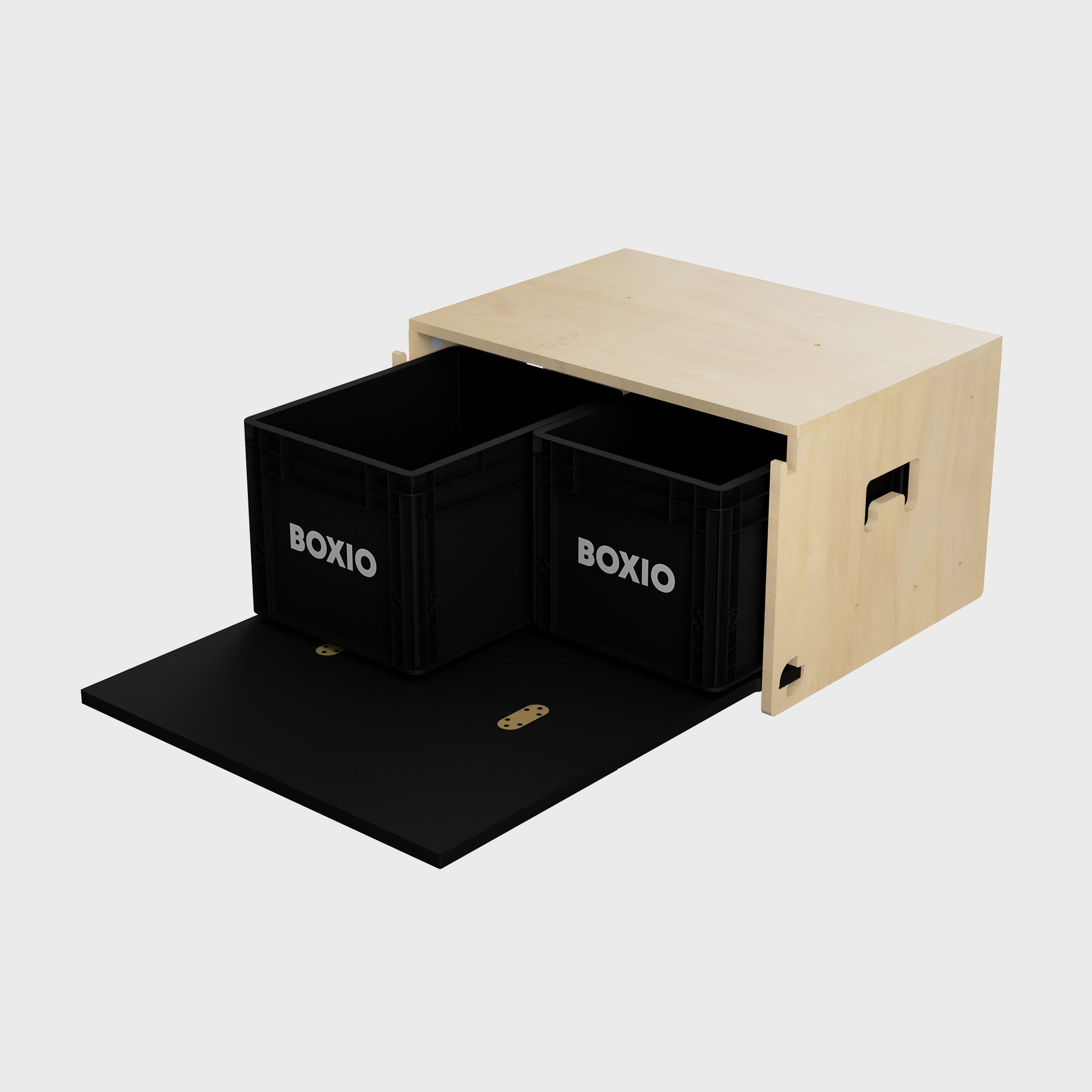 Holzschrank mit zwei schwarzen BOXIO-Behältern und ausziehbarem schwarzen Boden für optimale Aufbewahrungslösungen.