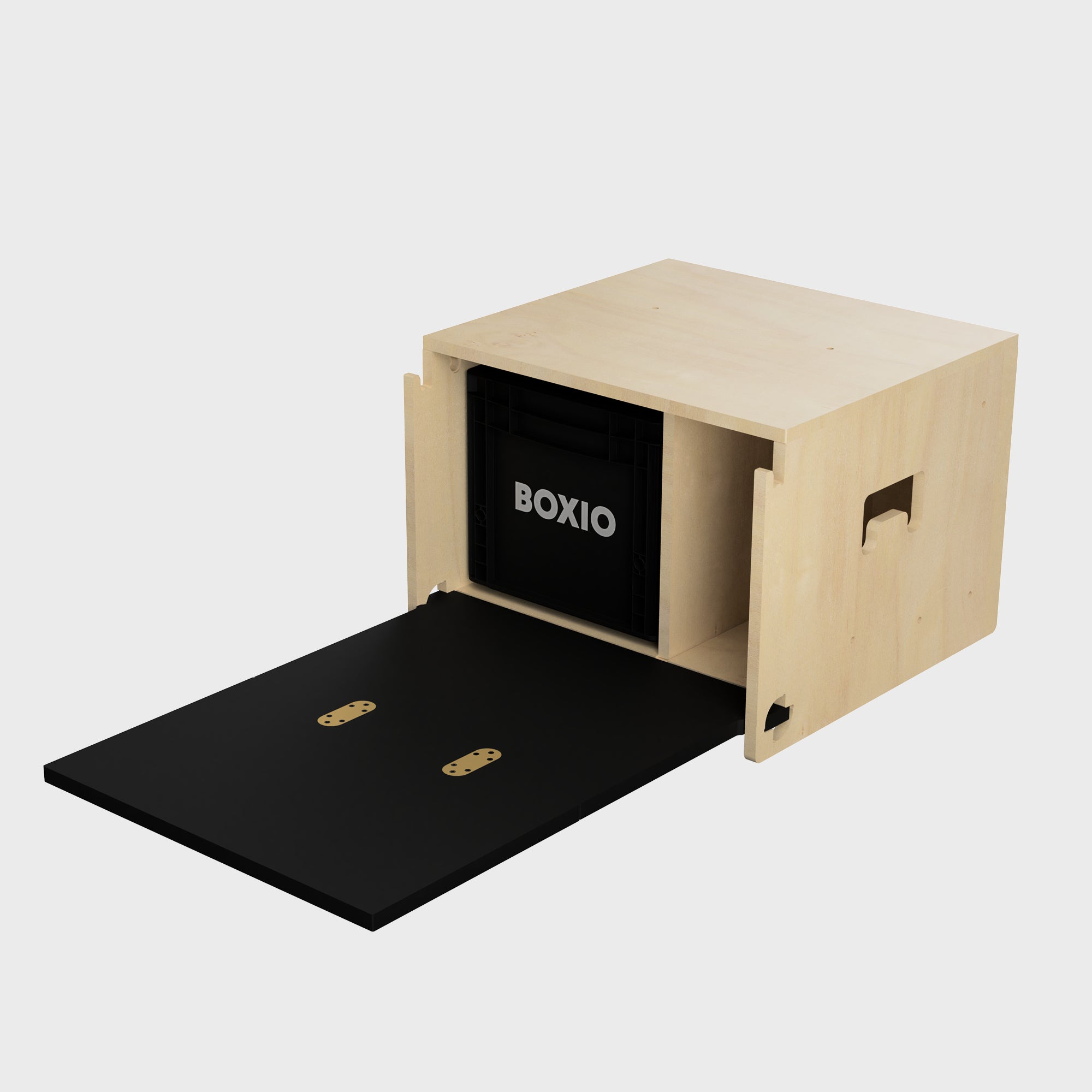 Holzkiste mit schwarzer Schublade und einer herausnehmbaren BoxIO-Box im Inneren, auf hellgrauem Hintergrund.