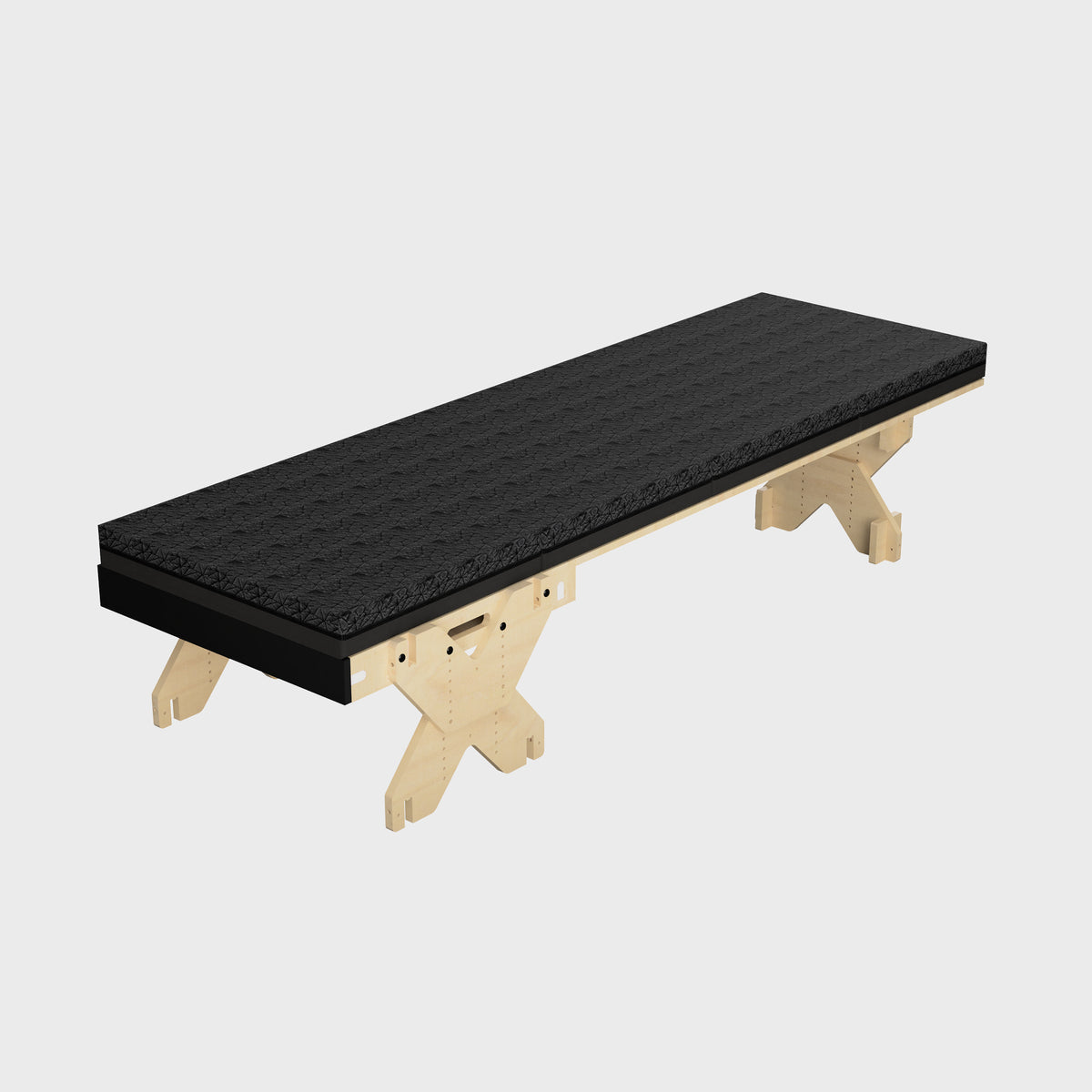 Schwarze Schlafcouch mit einem stabilen, hellen Holzgestell und einem gepolsterten Sitzflächen-Design.
