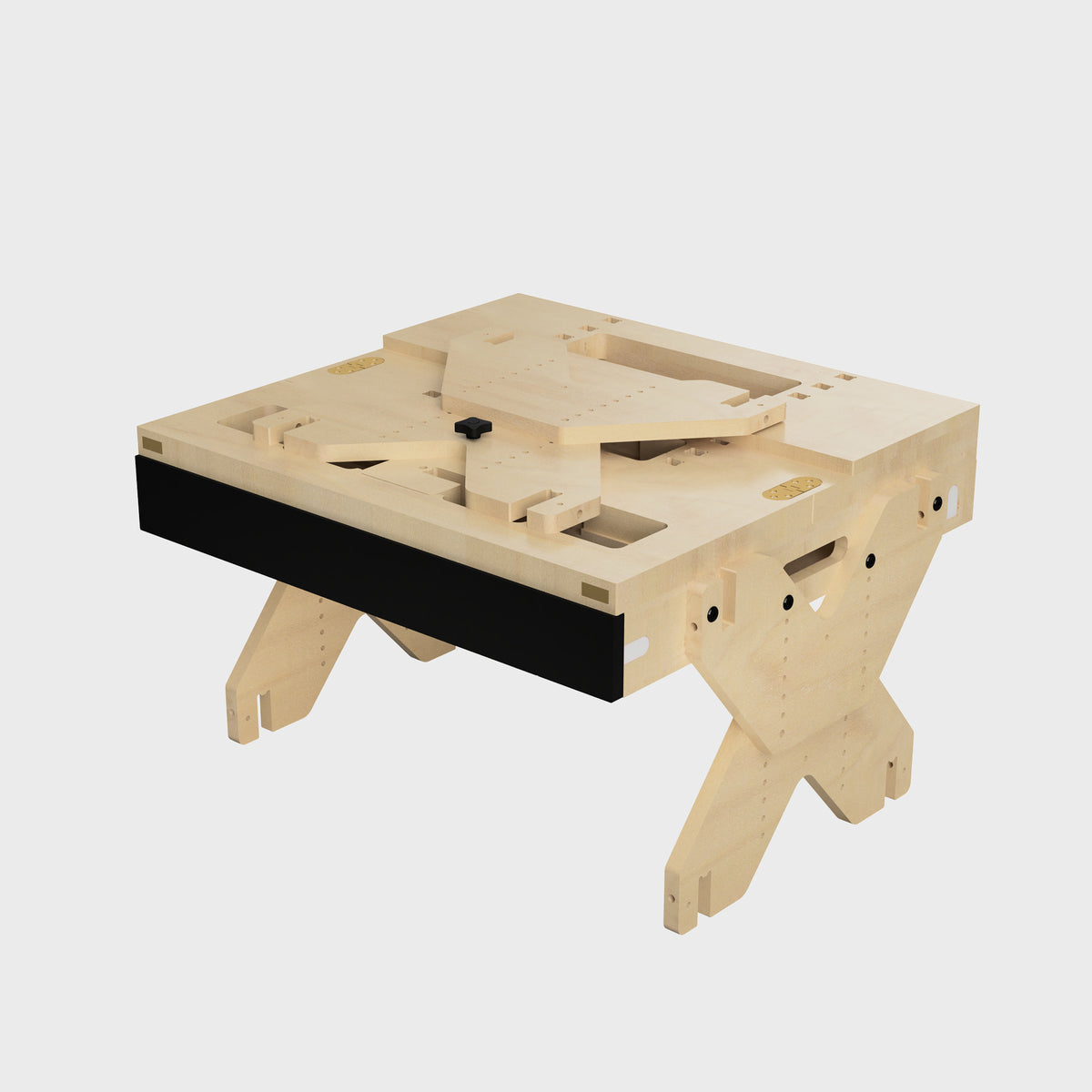 Funktionaler Tisch aus Birkenholz mit schwarzer Schublade und innovativem Design für kreative Anwendungen.