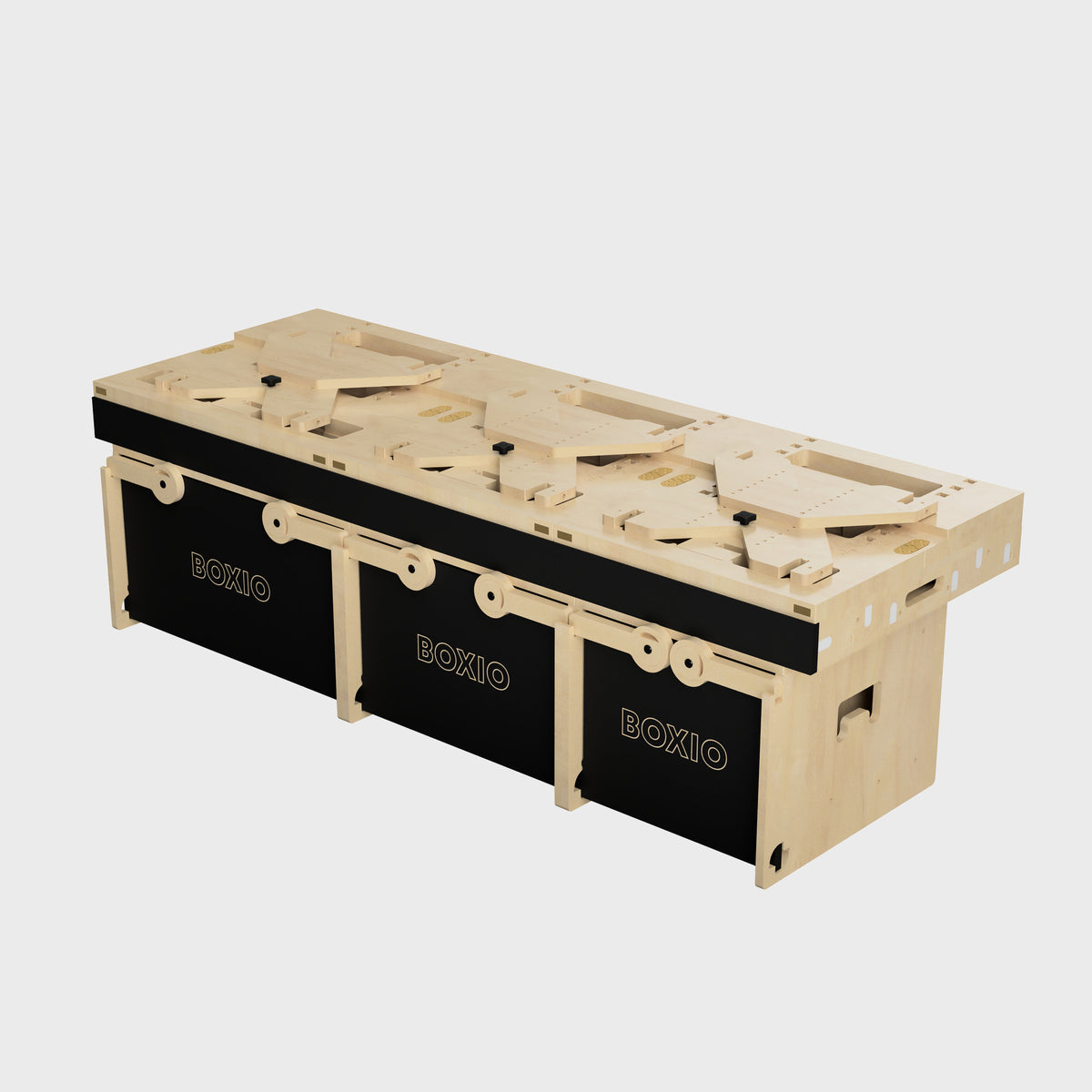 Holztisch mit modularen Fächern in Schwarz und natürlichem Holzdesign, ideal für flexibles Stauraummanagement.