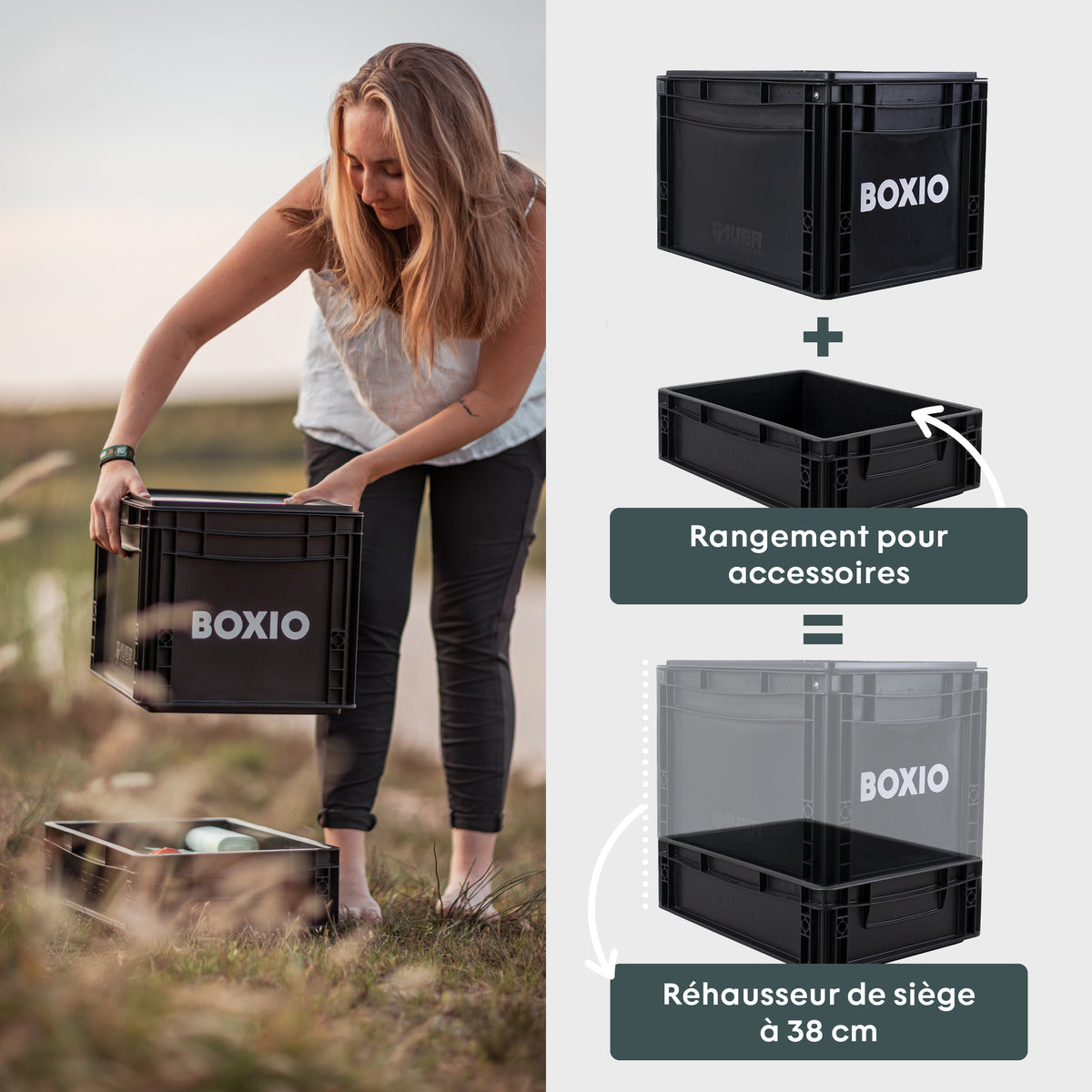 Frau hebt eine schwarze Boxio-Aufbewahrungsbox in der Natur; rechts beschreibung der Produkteigenschaften.